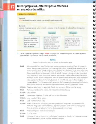 lnferir prejuicios, estereotipos o creencias
en una obra dramática
Lo que necesitas saber
H a bilída d
lnferir es deducir información implícita a partir de información presentada
Contenirio
Las obras lrteraras en general suelen transmitir o perpetuar ciertas ideas propias de su época Estas ideas pueden
categoflzarse como:
ldea previa que alguien
tiene sobre algo u otra
persona, sin conocerlo(a)
Suele ser negativa y
difícil de cambiar
ldea que un grupo social
comparte, de carácter
relativamente permanente
Suele ser objeto de
caricaturas: estereotipo de la
abuelita, el futbolista, etc.
Conjunto de ideas de un
individuo o un grupo social
que organizan su vida y su
modo de relacionarse con
otros
Lee el siguiente fragmento. Luego, Ios prejuicios, los estereotipos o las creencias en la
obra dramática, guiándote por los pasos propuestos.
JUAN:
YERMA:
JUAN:
YERMA:
JUAN;
YERMA:
JUAN:
YERMA:
JUAN:
YERMA:
JUAN:
Casa de'lerma Atardece Juan está sentaao Las dos cuñadas, de pte
¿Dices que salió hace pocol (La hermana mayor contesta con la cabeza) Debe de es¡ar en la
fuente Pero ya sabéis que no me gusta que salga sola (Pausa) Puedes poner la mesa. (Sale la
hermana menar) Bien ganado rengo el pan que como. (A su hermana) Ayer pasé un día duro
Estuve podando los manzanos y a la caída de la tarde me puse a pensar para qué pondría yo
tanta ilusión en la faena si no puedo lLevarme una manzana a la boca. Estoy harto. (Se pasa la
mano por la cara.Pausa) Esa no viene... Una de vosorras debió salrr con ella, porque para eso
estáis aquí comiendo en mi mantel y bebiendo mi vino. Mi vida está en el campo, pero mi
honra está aquí. Y mi honra es rambién la vuestra. (La hermana tncltna la cabeza) No lo romes
a mal, (Entra Yerma con dos cántaros. Queda parada en la puerta) ¿Vienes de la fuente?
Para tener agua fresca en la comida. (Sale la otra hermana) ¿Cómo esrán las rierras?
Ayer esruve podando los árboles. (Yerma delo los cántaros. Pausa.)
¿Te quedarás?
He de curdar el ganado. Tú sabes que esro es cosa del dueño.
Lo se muy bien. o lo "epiLas
Cada hombre tiene su vida
Y cada mujer la suya No te prdo yo que ce quedes. Aquí tengo todo lo que necesito Tus
hermanas me guardan bien. Pan rierno y requesón ¡l cordero asado corno yo aquí, y pasto
lleno de rocio tus ganacios en el monte. Creo que puedes vivir en paz.
Para vivir en paz se necesita estar tranquilo
¿Y tú no estás?
No estoy ¿Es que no conoces mi modo de ser? Las ovejas en el redil y las muleres en su casa
fú sales demasiaCo ¿No me has oído decir esto siempre?
1A
---*
t1
É-
L;
G;
!5
j;
s
Li
¡í§
L=
];
-
E;
E;
C;
L,
E.
gi
g,-
f-
É
t->
g-
r=!>
f-
>
t
g-
tE
c-
E
E
 