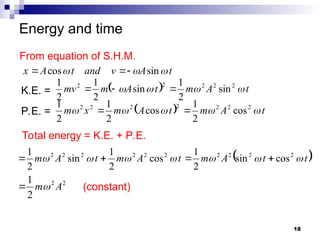 18
Energy and time
t
A
v
and
t
A
x 

 sin
cos 


  t
A
m
t
A
m
mv 


 2
2
2
2
2
sin
2
1
sin
2
1
2
1



  t
A
m
t
A
m
x
m 



 2
2
2
2
2
2
2
cos
2
1
cos
2
1
2
1


2
2
2
1
A
m

From equation of S.H.M.
K.E. =
P.E. =
Total energy = K.E. + P.E.
(constant)
 
t
t
A
m
t
A
m
t
A
m 





 2
2
2
2
2
2
2
2
2
2
cos
sin
2
1
cos
2
1
sin
2
1




 