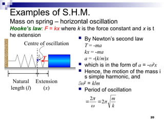 20
Examples of S.H.M.
Mass on spring – horizontal oscillation
Hooke’s law: F = kx where k is the force constant and x is t
he extension  By Newton’s second law
T = -ma
kx = -ma
a = -(k/m)x
 which is in the form of a = -2
x
 Hence, the motion of the mass i
s simple harmonic, and
2
= k/m
 Period of oscillation
Natural
length (l)
Extension
(x)
T
Centre of oscillation
ix
k
m



2
2


 