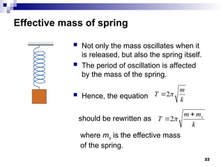 22
Effective mass of spring
 Not only the mass oscillates when it
is released, but also the spring itself.
 The period of oscillation is affected
by the mass of the spring.
 Hence, the equation k
m
T 
2

k
m
m
T s

 
2
should be rewritten as
where ms is the effective mass
of the spring.
 