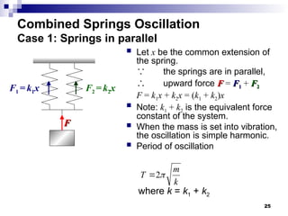 25
Combined Springs Oscillation
Case 1: Springs in parallel
 Let x be the common extension of
the spring.
∵ the springs are in parallel,
∴ upward force F
F = F
F1
1 + F
F2
2
F = k1x + k2x = (k1 + k2)x
 Note: k1 + k2 is the equivalent force
constant of the system.
 When the mass is set into vibration,
the oscillation is simple harmonic.
 Period of oscillation
F
F
F2 =k2x
where k = k1 + k2
k
m
T 
2

F1 =k1x
 