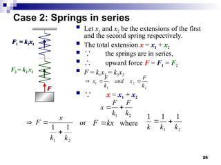 26
Case 2: Springs in series
 Let x1 and x2 be the extensions of the first
and the second spring respectively.
 The total extension x = x1 + x2
 ∵ the springs are in series,
 ∴ upward force F = F1 = F2
 F = k1x1 = k2x2
F
F
F
F1
1 =
= k
k1
1x
x1
1
F2 = k2 x2
2
2
1
1
k
F
x
and
k
F
x 


 ∵ x = x1 + x2
2
1 k
F
k
F
x 

2
1
1
1
k
k
x
F


 kx
F 
2
1
1
1
1
k
k
k


or where
 