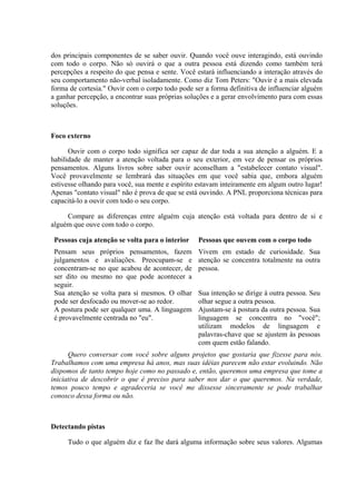 dos principais componentes de se saber ouvir. Quando você ouve interagindo, está ouvindo
com todo o corpo. Não só ouvirá o que a outra pessoa está dizendo como também terá
percepções a respeito do que pensa e sente. Você estará influenciando a interação através do
seu comportamento não-verbal isoladamente. Como diz Tom Peters: "Ouvir é a mais elevada
forma de cortesia." Ouvir com o corpo todo pode ser a forma definitiva de influenciar alguém
a ganhar percepção, a encontrar suas próprias soluções e a gerar envolvimento para com essas
soluções.



Foco externo

      Ouvir com o corpo todo significa ser capaz de dar toda a sua atenção a alguém. E a
habilidade de manter a atenção voltada para o seu exterior, em vez de pensar os próprios
pensamentos. Alguns livros sobre saber ouvir aconselham a "estabelecer contato visual".
Você provavelmente se lembrará das situações em que você sabia que, embora alguém
estivesse olhando para você, sua mente e espírito estavam inteiramente em algum outro lugar!
Apenas "contato visual" não é prova de que se está ouvindo. A PNL proporciona técnicas para
capacitá-lo a ouvir com todo o seu corpo.

     Compare as diferenças entre alguém cuja atenção está voltada para dentro de si e
alguém que ouve com todo o corpo.

 Pessoas cuja atenção se volta para o interior   Pessoas que ouvem com o corpo todo
 Pensam seus próprios pensamentos, fazem         Vivem em estado de curiosidade. Sua
 julgamentos e avaliações. Preocupam-se e        atenção se concentra totalmente na outra
 concentram-se no que acabou de acontecer, de    pessoa.
 ser dito ou mesmo no que pode acontecer a
 seguir.
 Sua atenção se volta para si mesmos. O olhar    Sua intenção se dirige à outra pessoa. Seu
 pode ser desfocado ou mover-se ao redor.        olhar segue a outra pessoa.
 A postura pode ser qualquer uma. A linguagem    Ajustam-se à postura da outra pessoa. Sua
 é provavelmente centrada no "eu".               linguagem se concentra no "você";
                                                 utilizam modelos de linguagem e
                                                 palavras-chave que se ajustem às pessoas
                                                 com quem estão falando.
      Quero conversar com você sobre alguns projetos que gostaria que fizesse para nós.
Trabalhamos com uma empresa há anos, mas suas idéias parecem não estar evoluindo. Não
dispomos de tanto tempo hoje como no passado e, então, queremos uma empresa que tome a
iniciativa de descobrir o que é preciso para saber nos dar o que queremos. Na verdade,
temos pouco tempo e agradeceria se você me dissesse sinceramente se pode trabalhar
conosco dessa forma ou não.



Detectando pistas

     Tudo o que alguém diz e faz lhe dará alguma informação sobre seus valores. Algumas
 