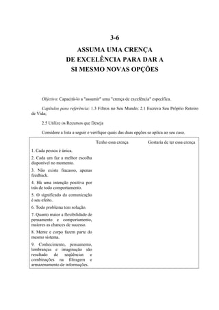 3-6
                      ASSUMA UMA CRENÇA
                   DE EXCELÊNCIA PARA DAR A
                    SI MESMO NOVAS OPÇÕES



     Objetivo: Capacitá-lo a "assumir" uma "crença de excelência" específica.

     Capítulos para referência: 1.3 Filtros no Seu Mundo; 2.1 Escreva Seu Próprio Roteiro
de Vida;

     2.5 Utilize os Recursos que Deseja

     Considere a lista a seguir e verifique quais das duas opções se aplica ao seu caso.

                                     Tenho essa crença            Gostaria de ter essa crença
1. Cada pessoa é única.
2. Cada um faz a melhor escolha
disponível no momento.
3. Não existe fracasso, apenas
feedback.
4. Há uma intenção positiva por
trás de todo comportamento.
5. O significado da comunicação
é seu efeito.
6. Todo problema tem solução.
7. Quanto maior a flexibilidade de
pensamento e comportamento,
maiores as chances de sucesso.
8. Mente e corpo fazem parte do
mesmo sistema.
9. Conhecimento, pensamento,
lembranças e imaginação são
resultado de seqüências e
combinações na filtragem e
armazenamento de informações.
 