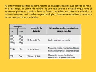 Na determinação da idade da Terra, recorre-se a isótopos instáveis cujo período de meia
vida seja longo, na ordem de milhões de ano. Isto porque é necessário que estes já
estivessem presentes quando a Terra se formou. Na tabela encontram-se indicados os
sistemas isotópicos mais usados em geocronologia, o intervalo de datação e os minerais e
rochas passíveis de serem datados.
 