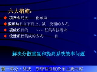 六大措施：   ◆   项目布局按产业化布局 ◆ 改变项目自下而上、被动受理的方式。 ◆  重大项目的组织 --- 征集科技需求 ◆  按照工程集成的方式设计项目 第一部分：科技计划管理制度改革主要内容 解决分散重复和提高系统效率问题 