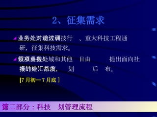 2、 征集需求 ◢ 业务处对重大科技行动、重大科技工程通过调研，征集科技需求。 ◢ 重点科技领域和其他项目由业务处提出面向社会的申报指南，计划处汇总后发布。 [ 7 月初— 7 月底 ] 第二部分：科技计划管理流程 