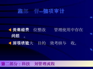 内部监督 -- 加强项目审计 ◀ 督促相关单位整改经费管理使用中存在的问题。  ◀ 参与对重大项目的绩效考核与验收。   第二部分：科技计划管理流程 