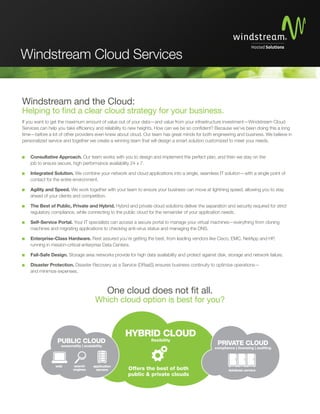 Windstream and the Cloud:
Helping to ﬁnd a clear cloud strategy for your business.
If you want to get the maximum amount of value out of your data—and value from your infrastructure investment—Windstream Cloud
Services can help you take efﬁciency and reliability to new heights. How can we be so conﬁdent? Because we’ve been doing this a long
time—before a lot of other providers even knew about cloud. Our team has great minds for both engineering and business. We believe in
personalized service and together we create a winning team that will design a smart solution customized to meet your needs.
Consultative Approach. Our team works with you to design and implement the perfect plan, and then we stay on the
job to ensure secure, high performance availability 24 x 7.
Integrated Solution. We combine your network and cloud applications into a single, seamless IT solution—with a single point of
contact for the entire environment.
Agility and Speed. We work together with your team to ensure your business can move at lightning speed, allowing you to stay
ahead of your clients and competition.
The Best of Public, Private and Hybrid. Hybrid and private cloud solutions deliver the separation and security required for strict
regulatory compliance, while connecting to the public cloud for the remainder of your application needs.
Self-Service Portal. Your IT specialists can access a secure portal to manage your virtual machines—everything from cloning
machines and migrating applications to checking anti-virus status and managing the DNS.
Enterprise-Class Hardware. Rest assured you’re getting the best, from leading vendors like Cisco, EMC, NetApp and HP,
running in mission-critical enterprise Data Centers.
Fail-Safe Design. Storage area networks provide for high data availability and protect against disk, storage and network failure.
Disaster Protection. Disaster Recovery as a Service (DRaaS) ensures business continuity to optimize operations—
and minimize expenses.
HYBRID CLOUD
ﬂexibility
One cloud does not ﬁt all.
Which cloud option is best for you?
PRIVATE CLOUD
compliance | licensing | auditing
database servers
PUBLIC CLOUD
seasonality | scalability
web search
engines
application
servers Offers the best of both
public & private clouds
Windstream Cloud Services
 