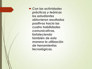  Con las actividades
prácticas y teóricas
los estudiantes
obtuvieron resultados
positivos hacia las
cuatro habilidades
comunicativas,
fortaleciendo
también de esta
manera la utilización
de herramientas
tecnológicas.
 