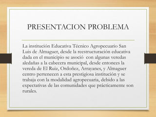 PRESENTACION PROBLEMA
La institución Educativa Técnico Agropecuario San
Luis de Almaguer, desde la reestructuración educativa
dada en el municipio se asoció con algunas veredas
aledañas a la cabecera municipal, desde entonces la
vereda de El Ruiz, Ordoñez, Arrayanes, y Almaguer
centro pertenecen a esta prestigiosa institución y se
trabaja con la modalidad agropecuaria, debido a las
expectativas de las comunidades que prácticamente son
rurales.
 
