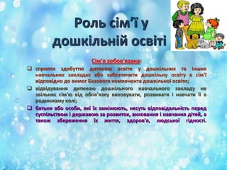 Роль сім’ї у
дошкільній освіті
Сім'я зобов'язана:
 сприяти здобуттю дитиною освіти у дошкільних та інших
навчальних закладах або забезпечити дошкільну освіту в сім'ї
відповідно до вимог Базового компонента дошкільної освіти;
 відвідування дитиною дошкільного навчального закладу не
звільняє сім'ю від обов'язку виховувати, розвивати і навчати її в
родинному колі;
 батьки або особи, які їх замінюють, несуть відповідальність перед
суспільством і державою за розвиток, виховання і навчання дітей, а
також збереження їх життя, здоров'я, людської гідності.

 