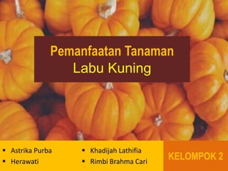 Pemanfaatan Tanaman
Labu Kuning
KELOMPOK 2
 Astrika Purba
 Herawati
 Khadijah Lathifia
 Rimbi Brahma Cari
 
