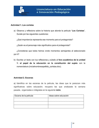 14
Actividad 1. Los coristas
a) Observa y reflexiona sobre la historia que aborda la película “Los Coristas”.
Guíate por las siguientes cuestiones:
¿Qué importancia representa ese momento para el protagonista?
¿Quién es el personaje más significativo para el protagonista?
¿Consideras que todos hemos vivido momentos semejantes al seleccionado
por ti?
b) Escribe un texto con tus reflexiones y súbelo al foro académico de la unidad
1: el papel de la educación en la constitución del sujeto con la
nomenclatura (inicialnombresapellido_coristas.doc).
Actividad 2. Escenas
a) Identifica en las escenas de la película, las ideas que te parezcan más
significativas sobre educación; recupera las que analizaste la semana
pasada, organízalas e intégralas en la siguiente tabla:
Escena de la película Ideas sobre educación
 