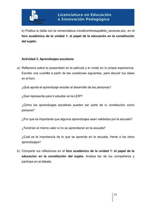 15
b) Publica tu tabla con la nomenclatura inicialnombresapellido_escenas.doc, en el
foro académico de la unidad 1: el papel de la educación en la constitución
del sujeto.
Actividad 3. Aprendizajes escolares
a) Reflexiona sobre lo presentado en la película y lo vivido en tu propia experiencia.
Escribe una cuartilla a partir de las cuestiones siguientes, para discutir tus ideas
en el foro:
¿Qué aporta el aprendizaje escolar al desarrollo de las personas?
¿Qué representa para ti estudiar en la LEIP?
¿Cómo los aprendizajes escolares pueden ser parte de tu constitución como
persona?
¿Por qué es importante que algunos aprendizajes sean validados por la escuela?
¿Tendrían el mismo valor si no se aprendieran en la escuela?
¿Cuál es la importancia de lo que se aprende en la escuela, frente a los otros
aprendizajes?
b) Comparte tus reflexiones en el foro académico de la unidad 1: el papel de la
educación en la constitución del sujeto. Analiza las de tus compañeros y
participa en el debate.
 