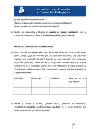 25
¿Cómo se produce la socialización?
¿Qué se entiende por instituido, instituyente e institucionalización?
¿Cómo se relaciona lo instituido con lo instituyente?
c) Escribe tus respuestas y llévalas al espacio de tareas: institución con la
nomenclatura correspondiente (inicialnombresapellido_institucion.doc).
Actividad 3. Influencia de las instituciones
a) Para confrontar con el texto elaborado, localiza en cualquier buscador de Internet
como Google, ¿qué se entiende por una institución educativa, una institución
religiosa, una institución familiar? Además de otra institución que consideres
importante (financiera, productiva, etc.). Indaga cómo influye cada una de esas
instituciones en la sociedad; cuántos tipos de instituciones puedes identificar y
cómo influyen en las personas. Con la información obtenida, elabora un cuadro de
la siguiente manera:
Institución Funciones Influencia Personas en las
que influyen
b) Revisa y corrige el cuadro, guárdalo en tu portafolio de evidencias,
(incialnombresapellido_cuadroinstituciones.doc); es el cuarto producto que
debes incorporar en el boletín informativo.
 