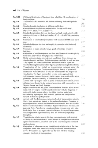 Fig. 7.11 (A) Spatial distribution of bus travel time reliability; (B) trend analysis of
bus travel time. 198
Fig. 8.1 A systematic SBO framework for network modeling with heterogeneous
data. 205
Fig. 8.2 Simulated spatial distribution of AM peak traffic flow. 210
Fig. 8.3 Comparisons of the simulated and measured freeway traffic flow.
(A) Vt
freeway
. (B) Kt
freeway
. (C) Qt
freeway
. 212
Fig. 8.4 Simulated relationships between link-based and path-based network-wide
statistics. (A) τt vs. στ. (B) Kt vs. τt and στ. (C) Qt vs. τt. (D) Trip completion
rate vs. στ. 213
Fig. 8.5 Comparison of simulated trip travel time with historical INRIX route travel
time. 217
Fig. 8.6 Individual objective functions and empirical cumulative distribution of
desirability. 219
Fig. 8.7 Comparison of major arterial average speeds of multiple objective
functions. 220
Fig. 8.8 Comparison of multiple objective functions. (A) Network-wide average trip
travel time. (B) Vehicle throughput. (C) Toll revenue. 222
Fig. 9.1 Global air transportation network from openflights. Notes: Airports are
visualized as dots and direct flight connections with links. In total, we have
3246 airports and 18,890 connections. Please note that all flights are
visualized through the center of the figure; actual routes might be different. 233
Fig. 9.2 Visualization of the global air transportation network using the
force-directed algorithm Fruchtermann-Reingold, instead of geo-spatial
information. Notes: Distances of links are minimized for the purpose of
visualization. The figure exposes how several nodes aggregate into
well-connected clusters. Moreover, it also exposes how certain nodes act as
gatekeeper for the accessibility of other nodes to the network. 233
Fig. 9.3 Airports with Top-Degree values in global air transportation network. Notes:
All airports are located in the northern hemisphere, with a strong focus on
Western Europe and North America. 235
Fig. 9.4 Degree distribution for the global air transportation network. Notes: While
nodes with low degree occur frequently in the network, the frequency of
nodes with higher degree reduces fast. Only very few nodes have
exceptionally high degrees. This structure gives the air transportation
network its hub-and-spoke property. 236
Fig. 9.5 Airports with Top-Betweenness values in global air transportation network.
Notes: Most airports are located in the northern hemisphere. Compared to
high-degree nodes, we also find important nodes in South Asia and Oceania. 236
Fig. 9.6 Pairwise correlation of four centralities: degree, betweenness, closeness, and
pagerank. Notes: We observe a weak correlation between most pairs only.
Particularly, there is no strong correlation between degree and betweenness,
which implies that high connectivity does not necessarily imply high
throughput. 237
Fig. 9.7 Visualizing the relative size of the giant component under node removal
according to 100 random attacks. Notes: Global air transportation is resilient
against random attacks, as can be seen by the close-to-diagonal curves of
random attacks. 238
Fig. 9.8 Comparison of robustness curves, visualizing the relative size of the giant
component under node removal according to different network metrics.
Notes: Betweenness and eigenvector are the most effective attacking
strategies for global air transportation. 238
xvi List of Figures
 
