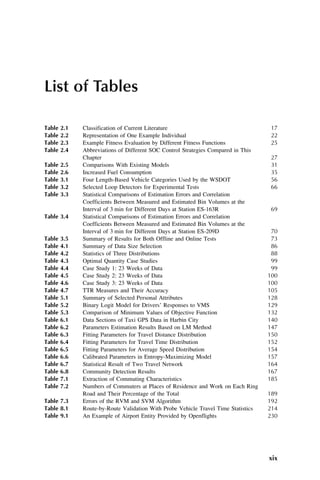 List of Tables
Table 2.1 Classification of Current Literature 17
Table 2.2 Representation of One Example Individual 22
Table 2.3 Example Fitness Evaluation by Different Fitness Functions 25
Table 2.4 Abbreviations of Different SOC Control Strategies Compared in This
Chapter 27
Table 2.5 Comparisons With Existing Models 31
Table 2.6 Increased Fuel Consumption 35
Table 3.1 Four Length-Based Vehicle Categories Used by the WSDOT 56
Table 3.2 Selected Loop Detectors for Experimental Tests 66
Table 3.3 Statistical Comparisons of Estimation Errors and Correlation
Coefficients Between Measured and Estimated Bin Volumes at the
Interval of 3 min for Different Days at Station ES-163R 69
Table 3.4 Statistical Comparisons of Estimation Errors and Correlation
Coefficients Between Measured and Estimated Bin Volumes at the
Interval of 3 min for Different Days at Station ES-209D 70
Table 3.5 Summary of Results for Both Offline and Online Tests 73
Table 4.1 Summary of Data Size Selection 86
Table 4.2 Statistics of Three Distributions 88
Table 4.3 Optimal Quantity Case Studies 99
Table 4.4 Case Study 1: 23 Weeks of Data 99
Table 4.5 Case Study 2: 23 Weeks of Data 100
Table 4.6 Case Study 3: 23 Weeks of Data 100
Table 4.7 TTR Measures and Their Accuracy 105
Table 5.1 Summary of Selected Personal Attributes 128
Table 5.2 Binary Logit Model for Drivers’ Responses to VMS 129
Table 5.3 Comparison of Minimum Values of Objective Function 132
Table 6.1 Data Sections of Taxi GPS Data in Harbin City 140
Table 6.2 Parameters Estimation Results Based on LM Method 147
Table 6.3 Fitting Parameters for Travel Distance Distribution 150
Table 6.4 Fitting Parameters for Travel Time Distribution 152
Table 6.5 Fitting Parameters for Average Speed Distribution 154
Table 6.6 Calibrated Parameters in Entropy-Maximizing Model 157
Table 6.7 Statistical Result of Two Travel Network 164
Table 6.8 Community Detection Results 167
Table 7.1 Extraction of Commuting Characteristics 185
Table 7.2 Numbers of Commuters at Places of Residence and Work on Each Ring
Road and Their Percentage of the Total 189
Table 7.3 Errors of the RVM and SVM Algorithm 192
Table 8.1 Route-by-Route Validation With Probe Vehicle Travel Time Statistics 214
Table 9.1 An Example of Airport Entity Provided by Openflights 230
xix
 