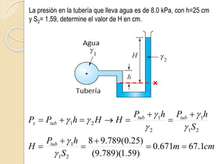 La presión en la tubería que lleva agua es de 8.0 kPa, con h=25 cm
y S2= 1.59, determine el valor de H en cm.
cm
m
S
h
P
H
S
h
P
h
P
H
H
h
P
P
tub
tub
tub
tub
x
1
.
67
671
.
0
)
59
.
1
)(
789
.
9
(
)
25
.
0
(
789
.
9
8
2
1
1
2
1
1
2
1
2
1






















X
 