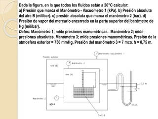 Dada la figura, en la que todos los fluidos están a 20°C calcular:
a) Presión que marca el Manómetro - Vacuometro 1 (kPa). b) Presión absoluta
del aire B (milibar). c) presión absoluta que marca el manómetro 2 (bar). d)
Presión de vapor del mercurio encerrado en la parte superior del barómetro de
Hg (milibar).
Datos: Manómetro 1; mide presiones manométricas. Manómetro 2; mide
presiones absolutas. Manómetro 3; mide presiones manométricas. Presión de la
atmosfera exterior = 750 mmHg. Presión del manómetro 3 = 7 mca. h = 0,75 m.
 