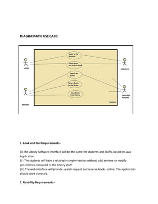 DIAGRAMATIC USECASE:
1. Look and feel Requirements:-
(i).The Library Software interface will be the same for students and Staffs, based on Java
Application.
(ii).The students will have a relatively simpler version without add, remove or modify
possibilities compared to the library staff.
(iii).The web interface will provide search request and reserve books online. The application
should work correctly.
2. Usability Requirements:-
 
