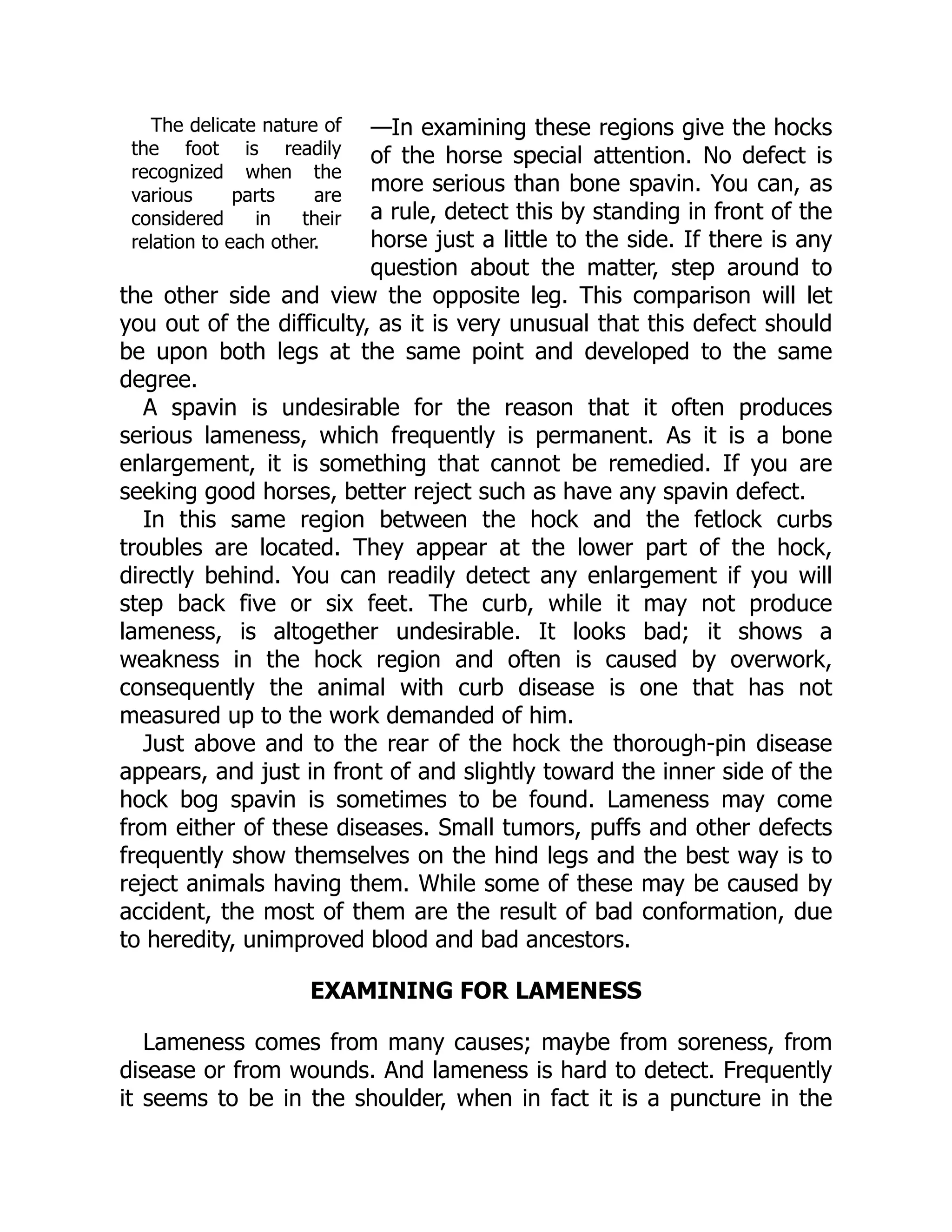 The delicate nature of
the foot is readily
recognized when the
various parts are
considered in their
relation to each other.
—In examining these regions give the hocks
of the horse special attention. No defect is
more serious than bone spavin. You can, as
a rule, detect this by standing in front of the
horse just a little to the side. If there is any
question about the matter, step around to
the other side and view the opposite leg. This comparison will let
you out of the difficulty, as it is very unusual that this defect should
be upon both legs at the same point and developed to the same
degree.
A spavin is undesirable for the reason that it often produces
serious lameness, which frequently is permanent. As it is a bone
enlargement, it is something that cannot be remedied. If you are
seeking good horses, better reject such as have any spavin defect.
In this same region between the hock and the fetlock curbs
troubles are located. They appear at the lower part of the hock,
directly behind. You can readily detect any enlargement if you will
step back five or six feet. The curb, while it may not produce
lameness, is altogether undesirable. It looks bad; it shows a
weakness in the hock region and often is caused by overwork,
consequently the animal with curb disease is one that has not
measured up to the work demanded of him.
Just above and to the rear of the hock the thorough-pin disease
appears, and just in front of and slightly toward the inner side of the
hock bog spavin is sometimes to be found. Lameness may come
from either of these diseases. Small tumors, puffs and other defects
frequently show themselves on the hind legs and the best way is to
reject animals having them. While some of these may be caused by
accident, the most of them are the result of bad conformation, due
to heredity, unimproved blood and bad ancestors.
EXAMINING FOR LAMENESS
Lameness comes from many causes; maybe from soreness, from
disease or from wounds. And lameness is hard to detect. Frequently
it seems to be in the shoulder, when in fact it is a puncture in the
 