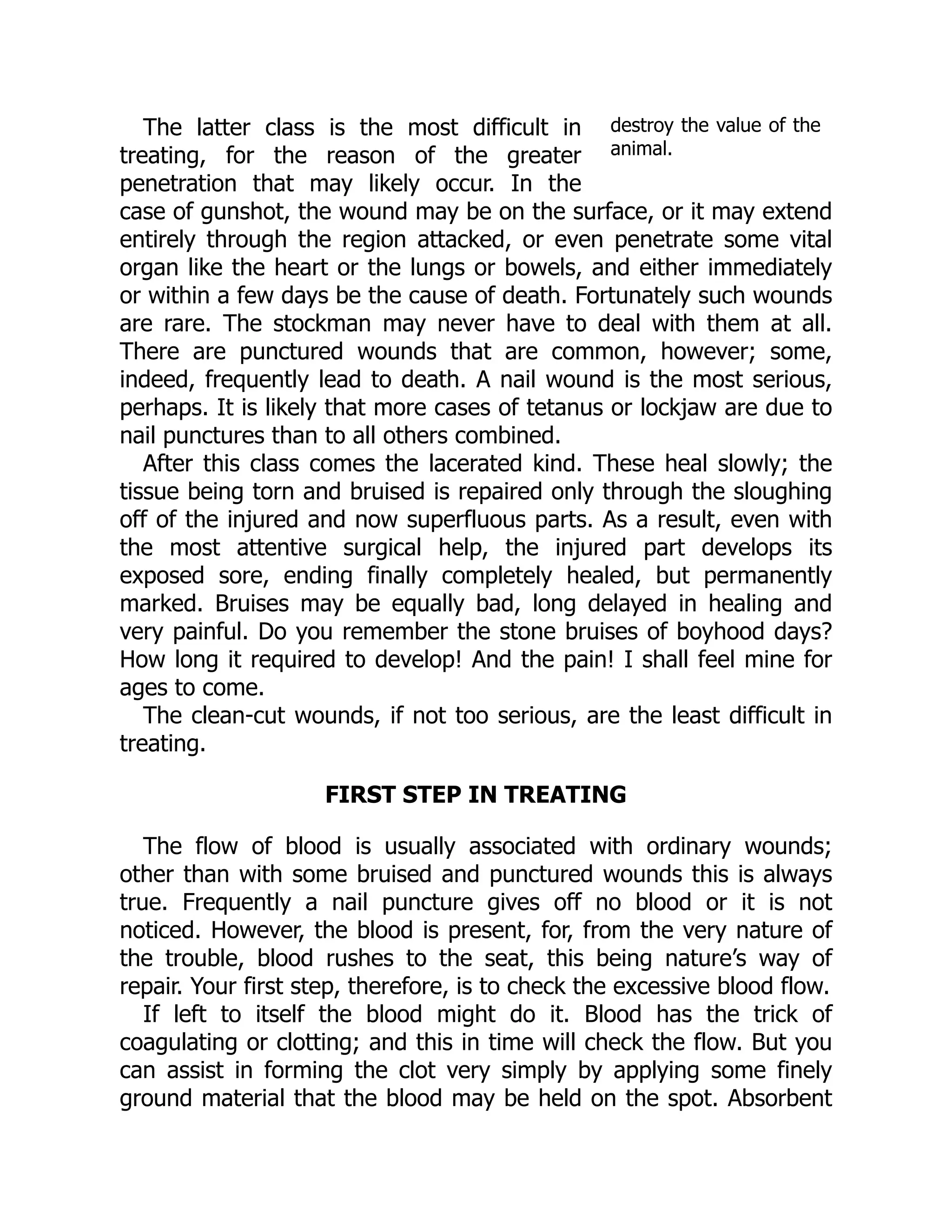 destroy the value of the
animal.
The latter class is the most difficult in
treating, for the reason of the greater
penetration that may likely occur. In the
case of gunshot, the wound may be on the surface, or it may extend
entirely through the region attacked, or even penetrate some vital
organ like the heart or the lungs or bowels, and either immediately
or within a few days be the cause of death. Fortunately such wounds
are rare. The stockman may never have to deal with them at all.
There are punctured wounds that are common, however; some,
indeed, frequently lead to death. A nail wound is the most serious,
perhaps. It is likely that more cases of tetanus or lockjaw are due to
nail punctures than to all others combined.
After this class comes the lacerated kind. These heal slowly; the
tissue being torn and bruised is repaired only through the sloughing
off of the injured and now superfluous parts. As a result, even with
the most attentive surgical help, the injured part develops its
exposed sore, ending finally completely healed, but permanently
marked. Bruises may be equally bad, long delayed in healing and
very painful. Do you remember the stone bruises of boyhood days?
How long it required to develop! And the pain! I shall feel mine for
ages to come.
The clean-cut wounds, if not too serious, are the least difficult in
treating.
FIRST STEP IN TREATING
The flow of blood is usually associated with ordinary wounds;
other than with some bruised and punctured wounds this is always
true. Frequently a nail puncture gives off no blood or it is not
noticed. However, the blood is present, for, from the very nature of
the trouble, blood rushes to the seat, this being nature’s way of
repair. Your first step, therefore, is to check the excessive blood flow.
If left to itself the blood might do it. Blood has the trick of
coagulating or clotting; and this in time will check the flow. But you
can assist in forming the clot very simply by applying some finely
ground material that the blood may be held on the spot. Absorbent
 