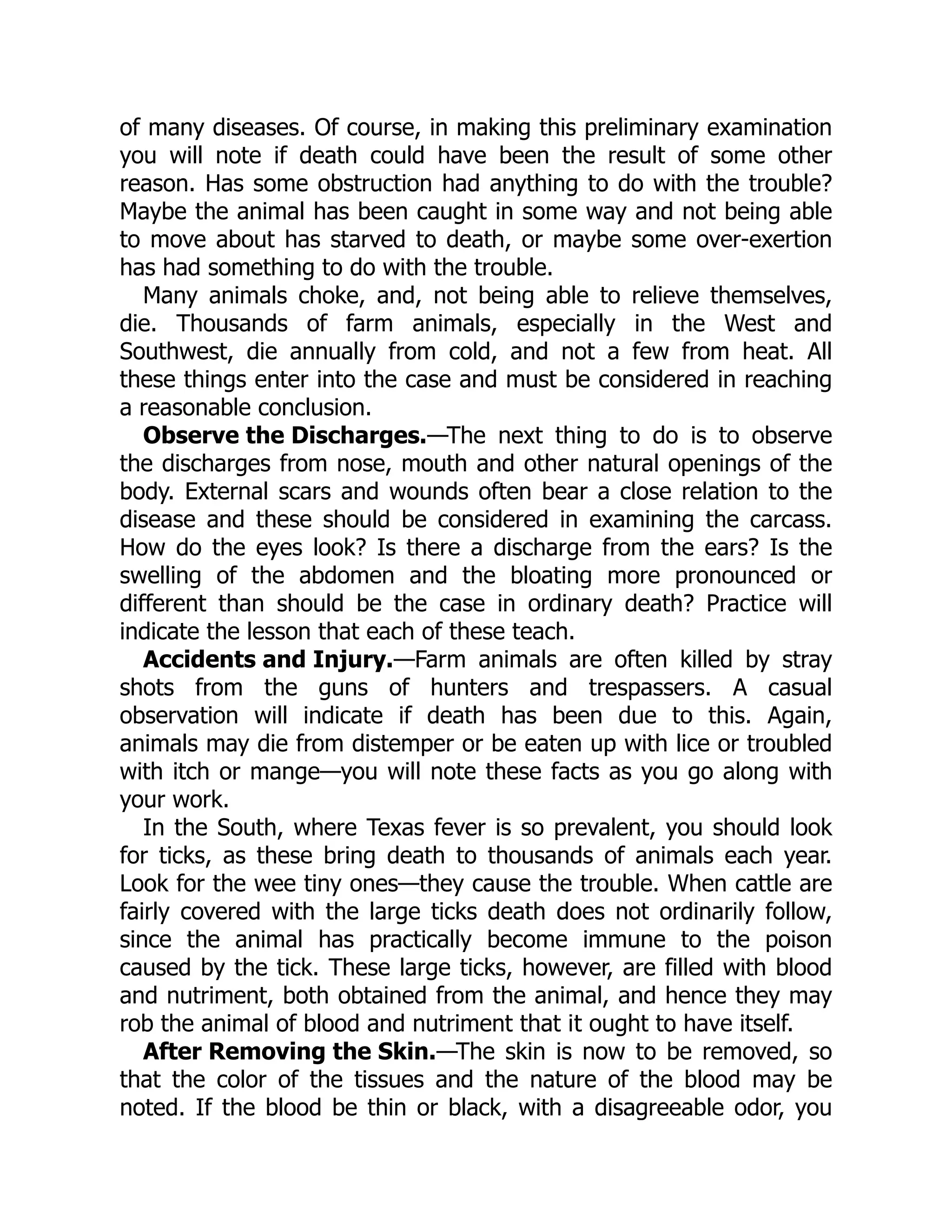 Observe the Discharges.
Accidents and Injury.
After Removing the Skin.
of many diseases. Of course, in making this preliminary examination
you will note if death could have been the result of some other
reason. Has some obstruction had anything to do with the trouble?
Maybe the animal has been caught in some way and not being able
to move about has starved to death, or maybe some over-exertion
has had something to do with the trouble.
Many animals choke, and, not being able to relieve themselves,
die. Thousands of farm animals, especially in the West and
Southwest, die annually from cold, and not a few from heat. All
these things enter into the case and must be considered in reaching
a reasonable conclusion.
—The next thing to do is to observe
the discharges from nose, mouth and other natural openings of the
body. External scars and wounds often bear a close relation to the
disease and these should be considered in examining the carcass.
How do the eyes look? Is there a discharge from the ears? Is the
swelling of the abdomen and the bloating more pronounced or
different than should be the case in ordinary death? Practice will
indicate the lesson that each of these teach.
—Farm animals are often killed by stray
shots from the guns of hunters and trespassers. A casual
observation will indicate if death has been due to this. Again,
animals may die from distemper or be eaten up with lice or troubled
with itch or mange—you will note these facts as you go along with
your work.
In the South, where Texas fever is so prevalent, you should look
for ticks, as these bring death to thousands of animals each year.
Look for the wee tiny ones—they cause the trouble. When cattle are
fairly covered with the large ticks death does not ordinarily follow,
since the animal has practically become immune to the poison
caused by the tick. These large ticks, however, are filled with blood
and nutriment, both obtained from the animal, and hence they may
rob the animal of blood and nutriment that it ought to have itself.
—The skin is now to be removed, so
that the color of the tissues and the nature of the blood may be
noted. If the blood be thin or black, with a disagreeable odor, you
 