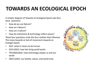 TOWARDS AN ECOLOGICAL EPOCH
A simpler diagram of Towards an Ecological Epoch asks four
basic questions:
• How do we use Nature?
• How am I Nature?
• How am I Culture?
• How do institutions & technology reflect values?
These four questions circle the four realities that influence
The move towards or lack of movement towards an
Ecologic Epoch:
• SELF: what it means to be human
• ECO-LOGIC: how the living world works
• TECHNOLOGIC: how technology shapes us and our
world
• IDEO-LOGIC: our beliefs, values, and world view
 