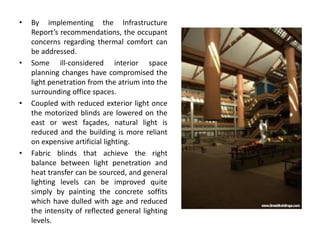 • By implementing the Infrastructure
Report’s recommendations, the occupant
concerns regarding thermal comfort can
be addressed.
• Some ill-considered interior space
planning changes have compromised the
light penetration from the atrium into the
surrounding office spaces.
• Coupled with reduced exterior light once
the motorized blinds are lowered on the
east or west façades, natural light is
reduced and the building is more reliant
on expensive artificial lighting.
• Fabric blinds that achieve the right
balance between light penetration and
heat transfer can be sourced, and general
lighting levels can be improved quite
simply by painting the concrete soffits
which have dulled with age and reduced
the intensity of reflected general lighting
levels.
 