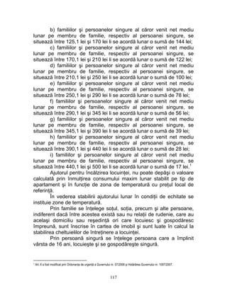 b) familiilor şi persoanelor singure al căror venit net mediu
lunar pe membru de familie, respectiv al persoanei singure, se
situează între 125,1 lei şi 170 lei li se acordă lunar o sumă de 144 lei;
c) familiilor şi persoanelor singure al căror venit net mediu
lunar pe membru de familie, respectiv al persoanei singure, se
situează între 170,1 lei şi 210 lei li se acordă lunar o sumă de 122 lei;
d) familiilor şi persoanelor singure al căror venit net mediu
lunar pe membru de familie, respectiv al persoanei singure, se
situează între 210,1 lei şi 250 lei li se acordă lunar o sumă de 100 lei;
e) familiilor şi persoanelor singure al căror venit net mediu
lunar pe membru de familie, respectiv al persoanei singure, se
situează între 250,1 lei şi 290 lei li se acordă lunar o sumă de 78 lei;
f) familiilor şi persoanelor singure al căror venit net mediu
lunar pe membru de familie, respectiv al persoanei singure, se
situează între 290,1 lei şi 345 lei li se acordă lunar o sumă de 56 lei;
g) familiilor şi persoanelor singure al căror venit net mediu
lunar pe membru de familie, respectiv al persoanei singure, se
situează între 345,1 lei şi 390 lei li se acordă lunar o sumă de 39 lei;
h) familiilor şi persoanelor singure al căror venit net mediu
lunar pe membru de familie, respectiv al persoanei singure, se
situează între 390,1 lei şi 440 lei li se acordă lunar o sumă de 28 lei;
i) familiilor şi persoanelor singure al căror venit net mediu
lunar pe membru de familie, respectiv al persoanei singure, se
situează între 440,1 lei şi 500 lei li se acordă lunar o sumă de 17 lei.1
Ajutorul pentru încălzirea locuinţei, nu poate depăşi o valoare
calculată prin înmulţirea consumului maxim lunar stabilit pe tip de
apartament şi în funcţie de zona de temperatură cu preţul local de
referinţă.
În vederea stabilirii ajutorului lunar în condiţii de echitate se
instituie zone de temperatură.
Prin familie se înţelege soţul, soţia, precum şi alte persoane,
indiferent dacă între acestea există sau nu relaţii de rudenie, care au
acelaşi domiciliu sau reşedinţă ori care locuiesc şi gospodăresc
împreună, sunt înscrise în cartea de imobil şi sunt luate în calcul la
stabilirea cheltuielilor de întreţinere a locuinţei.
Prin persoană singură se înţelege persoana care a împlinit
vârsta de 16 ani, locuieşte şi se gospodăreşte singură.
1 Art. 6 a fost modificat prin Ordonanţa de urgenţă a Guvernului nr. 57/2006 şi Hotărârea Guvernului nr. 1097/2007.
117
 