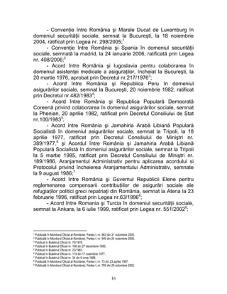 - Convenţie între România şi Marele Ducat de Luxemburg în
domeniul securităţii sociale, semnat la Bucureşti, la 18 noiembrie
2004, ratificat prin Legea nr. 298/2005;1
- Convenţie între România şi Spania în domeniul securităţii
sociale, semnată la madrid, la 24 ianuarie 2006, ratificată prin Legea
nr. 408/2006;2
- Acord între România şi Iugoslavia pentru colaborarea în
domeniul asistenţei medicale a asiguraţilor, încheiat la Bucureşti, la
20 martie 1976, aprobat prin Decretul nr.217/19763
;
- Acord între România şi Republica Peru în domeniul
asigurărilor sociale, semnat la Bucureşti, 20 noiembrie 1982, ratificat
prin Decretul nr.482/19834
;
- Acord între România şi Republica Populară Democrată
Coreenă privind colaborarea în domeniul asigurărilor sociale, semnat
la Phenian, 20 aprilie 1982, ratificat prin Decretul Consiliului de Stat
nr.100/19835
;
- Acord între România şi Jamahiria Arabă Libiană Populară
Socialistă în domeniul asigurărilor sociale, semnat la Tripoli, la 18
aprilie 1977, ratificat prin Decretul Consiliului de Miniştri nr.
389/1977,6
şi Acordul între România şi Jamahiria Arabă Libiană
Populară Socialistă în domeniul asigurărilor sociale, semnat la Tripoli
la 5 martie 1985, ratificat prin Decretul Consiliului de Miniştri nr.
189/1986, Aranjamentul Administrativ pentru aplicarea acordului si
Protocolul privind încheierea Aranjamentului Administrativ, semnate
la 9 august 1986;7
- Acord între România şi Guvernul Republicii Elene pentru
reglemenarea compensarii contribuţiilor de asigurări sociale ale
refugiaţilor politici greci repatriaţi din România, semnat la Atena la 23
februarie 1996, ratificat prin Legea nr.63/19968
;
- Acord între Romania şi Turcia în domeniul securităţii sociale,
semnat la Ankara, la 6 iulie 1999, ratificat prin Legea nr. 551/20029
;
1 Publicată în Monitorul Oficial al României, Partea I, nr. 963 din 31 octombrie 2005.
2 Publicată în Monitorul Oficial al României, Partea I, nr. 949 din 24 noiembrie 2006.
3 Publicat în Buletinul Oficial nr. 70/1976.
4 Publicat în Buletinul Oficial nr. 106 din 27 decembrie 1983.
5 Publicat în Buletinul Oficial nr. 23/1983.
6 Publicat în Buletinul Oficial nr. 119 din 17 noiembrie 1977.
7 Publicat în Buletinul Oficial nr. 34 din 6 iunie 1986.
8 Publicată în Monitorul Oficial al României, Partea I, nr. 73 din 23 aprilie 1997.
9 Publicată în Monitorul Oficial al României, Partea I, nr. 785 din 29 octombrie 2002.
16
 