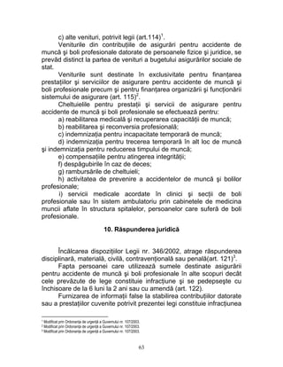 c) alte venituri, potrivit legii (art.114)1
.
Veniturile din contribuţiile de asigurări pentru accidente de
muncă şi boli profesionale datorate de persoanele fizice şi juridice, se
prevăd distinct la partea de venituri a bugetului asigurărilor sociale de
stat.
Veniturile sunt destinate în exclusivitate pentru finanţarea
prestaţiilor şi serviciilor de asigurare pentru accidente de muncă şi
boli profesionale precum şi pentru finanţarea organizării şi funcţionării
sistemului de asigurare (art. 115)2
.
Cheltuielile pentru prestaţii şi servicii de asigurare pentru
accidente de muncă şi boli profesionale se efectuează pentru:
a) reabilitarea medicală şi recuperarea capacităţii de muncă;
b) reabilitarea şi reconversia profesională;
c) indemnizaţia pentru incapacitate temporară de muncă;
d) indemnizaţia pentru trecerea temporară în alt loc de muncă
şi indemnizaţia pentru reducerea timpului de muncă;
e) compensaţiile pentru atingerea integrităţii;
f) despăgubirile în caz de deces;
g) rambursările de cheltuieli;
h) activitatea de prevenire a accidentelor de muncă şi bolilor
profesionale;
i) servicii medicale acordate în clinici şi secţii de boli
profesionale sau în sistem ambulatoriu prin cabinetele de medicina
muncii aflate în structura spitalelor, persoanelor care suferă de boli
profesionale.
10. Răspunderea juridică
Încălcarea dispoziţiilor Legii nr. 346/2002, atrage răspunderea
disciplinară, materială, civilă, contravenţională sau penală(art. 121)3
.
Fapta persoanei care utilizează sumele destinate asigurării
pentru accidente de muncă şi boli profesionale în alte scopuri decât
cele prevăzute de lege constituie infracţiune şi se pedepseşte cu
închisoare de la 6 luni la 2 ani sau cu amendă (art. 122).
Furnizarea de informaţii false la stabilirea contribuţiilor datorate
sau a prestaţiilor cuvenite potrivit prezentei legi constituie infracţiunea
1 Modificat prin Ordonanţa de urgenţă a Guvernului nr. 107/2003.
2 Modificat prin Ordonanţa de urgenţă a Guvernului nr. 107/2003.
3 Modificat prin Ordonanţa de urgenţă a Guvernului nr. 107/2003.
63
 