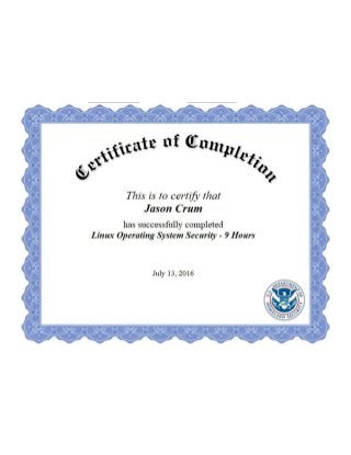 Jason Crum FedVTE Linux CE Course Exam Certificate