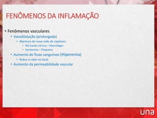 FENÔMENOS DA INFLAMAÇÃO
• Fenômenos vasculares
• Vasodilatação (prolongada)
• Abertura de nova rede de capilares
• NO (oxido nítrico) – Macrófagos
• Serotonina – Plaquetas
• Aumento do fluxo sanguíneo (Hiperemia)
• Rubor e calor no local
• Aumento da permeabilidade vascular
 