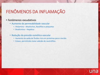 FENÔMENOS DA INFLAMAÇÃO
• Fenômenos exsudativos
• Aumento da permeabilidade vascular
• Histamina – Mastócitos, Basófilos e plaquetas
• Bradicinina – Hepática
• Redução da pressão osmótica vascular
• Aumento da saída de fluidos rico em proteínas para o tecido.
• Estase, permitindo maior adesão de neutrófilos.
 