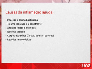 Causas da inflamação aguda:
• Infecção e toxina bacteriana
• Trauma (contuso ou penetrante)
• Agentes físicos e químicos
• Necrose tecidual
• Corpos estranhos (farpas, poeiras, suturas)
• Reações imunológicas
 