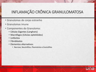 INFLAMAÇÃO CRÔNICA GRANULOMATOSA
• Granulomas de corpo estranho
• Granulomas imune
• Componentes do Granuloma:
• Células Gigantes (Langhans)
• Macrófagos (Células epitelióides)
• Linfócitos
• Fibroblastos
• Elementos alternativos:
• Necrose, Neutrófilos, Plasmócitos e Eosinófilos
 