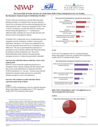 This document was developed under grant number SJI-13-E-199 from the State Justice Institute. The points of view expressed are those of the authors and do not necessarily represent the official position or policies of the State Justice
Institute.
The Central Role of Victim Advocacy for Victim Safety While Victims’ Immigration Cases Are Pending
By: Krisztina E. Szabo & Leslye E. Orloff (June 18, 2014)
Victim’s advocates and attorneys provide lifesaving safety
planning assistance to immigrant crime survivors and play a
crucial role in informing survivors about and helping survivors
obtain protection orders1
and pursue immigration relief.2
Once
a victim’s immigration case has been filed, the waiting time
between filing and adjudication (≈ 7+ months) poses
additional safety challenges for survivors that advocates and
attorneys need to be prepared to address.
In October 2013, a nationwide survey of organizations serving
immigrant survivors of domestic violence, sexual assault,
child abuse, and other U visa crimes was completed by over
350 service providers from across the U.S. reporting on over
4800 cases.3
The survey documented the experiences of
immigrant survivors and their children after filing and during
the pendency of their immigration case. The survey
demonstrated that while awaiting work authorization,
immigrant survivors of violence are particularly vulnerable.
Survivors stay with their abusers until they receive work
authorization
NIWAP’s survey found that significant proportions of
immigrant victims continue residing with their abusers until
they receive work authorization in connection with their
VAWA self-petition or U visa case. Victims living with their
perpetrators experience abuse and coercive control that
includes turning the victim in for deportation.
Survivors who continue to reside with their abuser
experience many forms of abuse
VAWA
55.8% of VAWA self-petitioners who live with their domestic
abuser report abuse on a monthly basis (17.39% experience
weekly and 19.4% experience daily abuse).
1
Nawal H. Ammar, Leslye E. Orloff, Mary Ann Dutton, and Giselle A.
Hass, Battered Immigrant Women in the United States and Protection Orders:
An Exploratory Research, CRIMINAL JUSTICE REVIEW (2012), available at:
http://niwaplibrary.wcl.american.edu/ reference/additional-materials/research-
reports-and-data/research-US-VAIW/AmmaretalCPO.pdf/.
2
Giselle Hass, Karen Monahan, Edna Yang and Leslye E. Orloff, U‐
Visa Legal Advocacy: Overview of Effective Policies and Practices, NIWAP,
(Dec. 17, 2012), available at:
http://niwaplibrary.wcl.american.edu/reference/additional-materials/
immigration/u-visa/research-reports-and-data/Practice-and-Policy-Brief.pdf/.
3
Krisztina E. Szabo, David Stauffer, Benish Anver & Leslye E. Orloff,
Early Access to Work Authorization For VAWA Self-Petitioners and U Visa
Applicants, NIWAP (Feb. 12, 2014), available at
http://niwap.org/reports/Early-Access-to-Work-Authorization.pdf.
U visa
97.4% of U Visa applicants who live with their domestic
abuser report abuse at least once a month (34.9% experience
weekly and 20.1% experience daily abuse).
Both VAWA self-petitioners and U visa applicants are at
risk of immigration enforcement
VAWA
11.5%
20.4%
28.7%
48.6%
56.6%
Additional
threats/attempts/incidents of sexual
assault
Threats/attempts/incidents of abuse
perpetrated against their children
Additional
threats/attempts/incidents of
extreme cruelty
Economic abuse
Additional
threats/attempts/incidents of
physical battering
Abuse Experienced by VAWA Applicants Living With Their Domestic Abuser
(n = 488
19.2%
24.3%
38.2%
64.2%
68.3%
Threats/attempts/incidents of abuse
perpetrated against their children
Additional threats/attempts/incidents
of sexual assault
Additional threats/attempts/incidents
of extreme cruelty
Economic abuse
Additional threats/attempts/incidents
of physical battering
Abuse Experienced By U Visa Applicants Living With Their Domestic Abuser
(n= 161 applications)
 