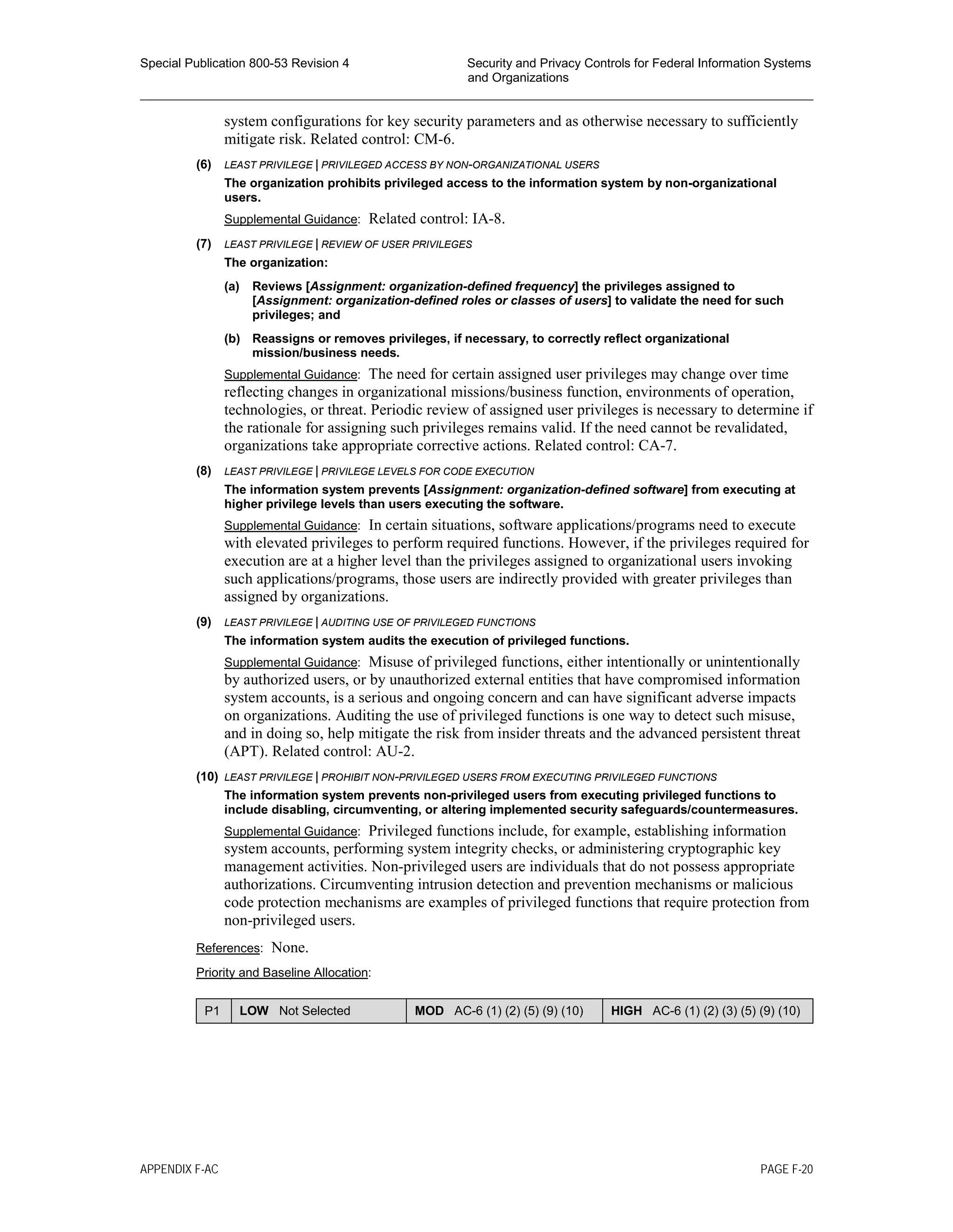 Special Publication 800-53 Revision 4 Security and Privacy Controls for Federal Information Systems
and Organizations
________________________________________________________________________________________________
system configurations for key security parameters and as otherwise necessary to sufficiently
mitigate risk. Related control: CM-6.
(6) LEAST PRIVILEGE | PRIVILEGED ACCESS BY NON-ORGANIZATIONAL USERS
The organization prohibits privileged access to the information system by non-organizational
users.
Supplemental Guidance: Related control: IA-8.
(7) LEAST PRIVILEGE | REVIEW OF USER PRIVILEGES
The organization:
(a) Reviews [Assignment: organization-defined frequency] the privileges assigned to
[Assignment: organization-defined roles or classes of users] to validate the need for such
privileges; and
(b) Reassigns or removes privileges, if necessary, to correctly reflect organizational
mission/business needs.
Supplemental Guidance: The need for certain assigned user privileges may change over time
reflecting changes in organizational missions/business function, environments of operation,
technologies, or threat. Periodic review of assigned user privileges is necessary to determine if
the rationale for assigning such privileges remains valid. If the need cannot be revalidated,
organizations take appropriate corrective actions. Related control: CA-7.
(8) LEAST PRIVILEGE | PRIVILEGE LEVELS FOR CODE EXECUTION
The information system prevents [Assignment: organization-defined software] from executing at
higher privilege levels than users executing the software.
Supplemental Guidance: In certain situations, software applications/programs need to execute
with elevated privileges to perform required functions. However, if the privileges required for
execution are at a higher level than the privileges assigned to organizational users invoking
such applications/programs, those users are indirectly provided with greater privileges than
assigned by organizations.
(9) LEAST PRIVILEGE | AUDITING USE OF PRIVILEGED FUNCTIONS
The information system audits the execution of privileged functions.
Supplemental Guidance: Misuse of privileged functions, either intentionally or unintentionally
by authorized users, or by unauthorized external entities that have compromised information
system accounts, is a serious and ongoing concern and can have significant adverse impacts
on organizations. Auditing the use of privileged functions is one way to detect such misuse,
and in doing so, help mitigate the risk from insider threats and the advanced persistent threat
(APT). Related control: AU-2.
(10) LEAST PRIVILEGE | PROHIBIT NON-PRIVILEGED USERS FROM EXECUTING PRIVILEGED FUNCTIONS
The information system prevents non-privileged users from executing privileged functions to
include disabling, circumventing, or altering implemented security safeguards/countermeasures.
Supplemental Guidance: Privileged functions include, for example, establishing information
system accounts, performing system integrity checks, or administering cryptographic key
management activities. Non-privileged users are individuals that do not possess appropriate
authorizations. Circumventing intrusion detection and prevention mechanisms or malicious
code protection mechanisms are examples of privileged functions that require protection from
non-privileged users.
References: None.
Priority and Baseline Allocation:
P1 LOW Not Selected MOD AC-6 (1) (2) (5) (9) (10) HIGH AC-6 (1) (2) (3) (5) (9) (10)
APPENDIX F-AC PAGE F-20
 