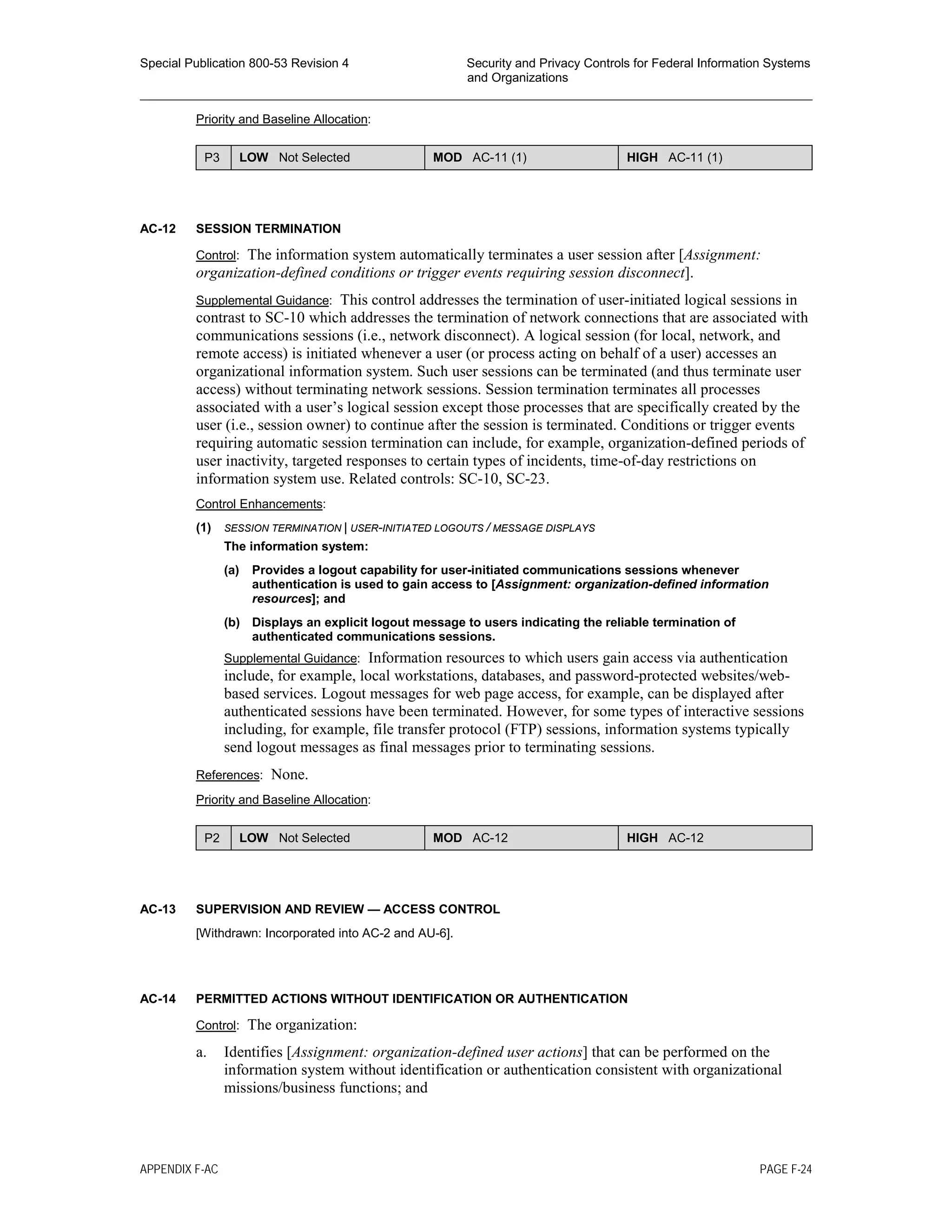 Special Publication 800-53 Revision 4 Security and Privacy Controls for Federal Information Systems
and Organizations
________________________________________________________________________________________________
Priority and Baseline Allocation:
P3 LOW Not Selected MOD AC-11 (1) HIGH AC-11 (1)
AC-12 SESSION TERMINATION
Control: The information system automatically terminates a user session after [Assignment:
organization-defined conditions or trigger events requiring session disconnect].
Supplemental Guidance: This control addresses the termination of user-initiated logical sessions in
contrast to SC-10 which addresses the termination of network connections that are associated with
communications sessions (i.e., network disconnect). A logical session (for local, network, and
remote access) is initiated whenever a user (or process acting on behalf of a user) accesses an
organizational information system. Such user sessions can be terminated (and thus terminate user
access) without terminating network sessions. Session termination terminates all processes
associated with a user’s logical session except those processes that are specifically created by the
user (i.e., session owner) to continue after the session is terminated. Conditions or trigger events
requiring automatic session termination can include, for example, organization-defined periods of
user inactivity, targeted responses to certain types of incidents, time-of-day restrictions on
information system use. Related controls: SC-10, SC-23.
Control Enhancements:
(1) SESSION TERMINATION | USER-INITIATED LOGOUTS / MESSAGE DISPLAYS
The information system:
(a) Provides a logout capability for user-initiated communications sessions whenever
authentication is used to gain access to [Assignment: organization-defined information
resources]; and
(b) Displays an explicit logout message to users indicating the reliable termination of
authenticated communications sessions.
Supplemental Guidance: Information resources to which users gain access via authentication
include, for example, local workstations, databases, and password-protected websites/web-
based services. Logout messages for web page access, for example, can be displayed after
authenticated sessions have been terminated. However, for some types of interactive sessions
including, for example, file transfer protocol (FTP) sessions, information systems typically
send logout messages as final messages prior to terminating sessions.
References: None.
Priority and Baseline Allocation:
P2 LOW Not Selected MOD AC-12 HIGH AC-12
AC-13 SUPERVISION AND REVIEW — ACCESS CONTROL
[Withdrawn: Incorporated into AC-2 and AU-6].
AC-14 PERMITTED ACTIONS WITHOUT IDENTIFICATION OR AUTHENTICATION
Control: The organization:
a. Identifies [Assignment: organization-defined user actions] that can be performed on the
information system without identification or authentication consistent with organizational
missions/business functions; and
APPENDIX F-AC PAGE F-24
 