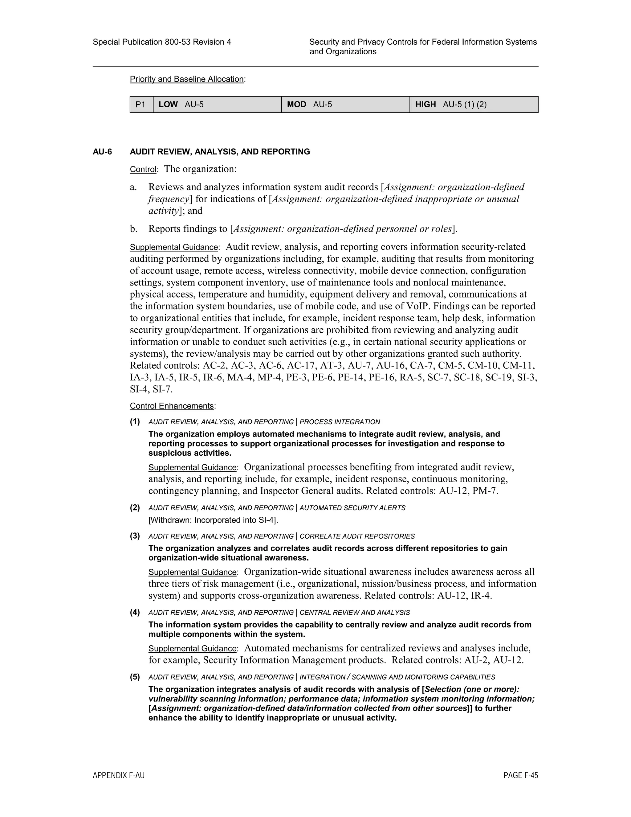 Special Publication 800-53 Revision 4 Security and Privacy Controls for Federal Information Systems
and Organizations
________________________________________________________________________________________________
Priority and Baseline Allocation:
P1 LOW AU-5 MOD AU-5 HIGH AU-5 (1) (2)
AU-6 AUDIT REVIEW, ANALYSIS, AND REPORTING
Control: The organization:
a. Reviews and analyzes information system audit records [Assignment: organization-defined
frequency] for indications of [Assignment: organization-defined inappropriate or unusual
activity]; and
b. Reports findings to [Assignment: organization-defined personnel or roles].
Supplemental Guidance: Audit review, analysis, and reporting covers information security-related
auditing performed by organizations including, for example, auditing that results from monitoring
of account usage, remote access, wireless connectivity, mobile device connection, configuration
settings, system component inventory, use of maintenance tools and nonlocal maintenance,
physical access, temperature and humidity, equipment delivery and removal, communications at
the information system boundaries, use of mobile code, and use of VoIP. Findings can be reported
to organizational entities that include, for example, incident response team, help desk, information
security group/department. If organizations are prohibited from reviewing and analyzing audit
information or unable to conduct such activities (e.g., in certain national security applications or
systems), the review/analysis may be carried out by other organizations granted such authority.
Related controls: AC-2, AC-3, AC-6, AC-17, AT-3, AU-7, AU-16, CA-7, CM-5, CM-10, CM-11,
IA-3, IA-5, IR-5, IR-6, MA-4, MP-4, PE-3, PE-6, PE-14, PE-16, RA-5, SC-7, SC-18, SC-19, SI-3,
SI-4, SI-7.
Control Enhancements:
(1) AUDIT REVIEW, ANALYSIS, AND REPORTING | PROCESS INTEGRATION
The organization employs automated mechanisms to integrate audit review, analysis, and
reporting processes to support organizational processes for investigation and response to
suspicious activities.
Supplemental Guidance: Organizational processes benefiting from integrated audit review,
analysis, and reporting include, for example, incident response, continuous monitoring,
contingency planning, and Inspector General audits. Related controls: AU-12, PM-7.
(2) AUDIT REVIEW, ANALYSIS, AND REPORTING | AUTOMATED SECURITY ALERTS
[Withdrawn: Incorporated into SI-4].
(3) AUDIT REVIEW, ANALYSIS, AND REPORTING | CORRELATE AUDIT REPOSITORIES
The organization analyzes and correlates audit records across different repositories to gain
organization-wide situational awareness.
Supplemental Guidance: Organization-wide situational awareness includes awareness across all
three tiers of risk management (i.e., organizational, mission/business process, and information
system) and supports cross-organization awareness. Related controls: AU-12, IR-4.
(4) AUDIT REVIEW, ANALYSIS, AND REPORTING | CENTRAL REVIEW AND ANALYSIS
The information system provides the capability to centrally review and analyze audit records from
multiple components within the system.
Supplemental Guidance: Automated mechanisms for centralized reviews and analyses include,
for example, Security Information Management products. Related controls: AU-2, AU-12.
(5) AUDIT REVIEW, ANALYSIS, AND REPORTING | INTEGRATION / SCANNING AND MONITORING CAPABILITIES
The organization integrates analysis of audit records with analysis of [Selection (one or more):
vulnerability scanning information; performance data; information system monitoring information;
[Assignment: organization-defined data/information collected from other sources]] to further
enhance the ability to identify inappropriate or unusual activity.
APPENDIX F-AU PAGE F-45
 