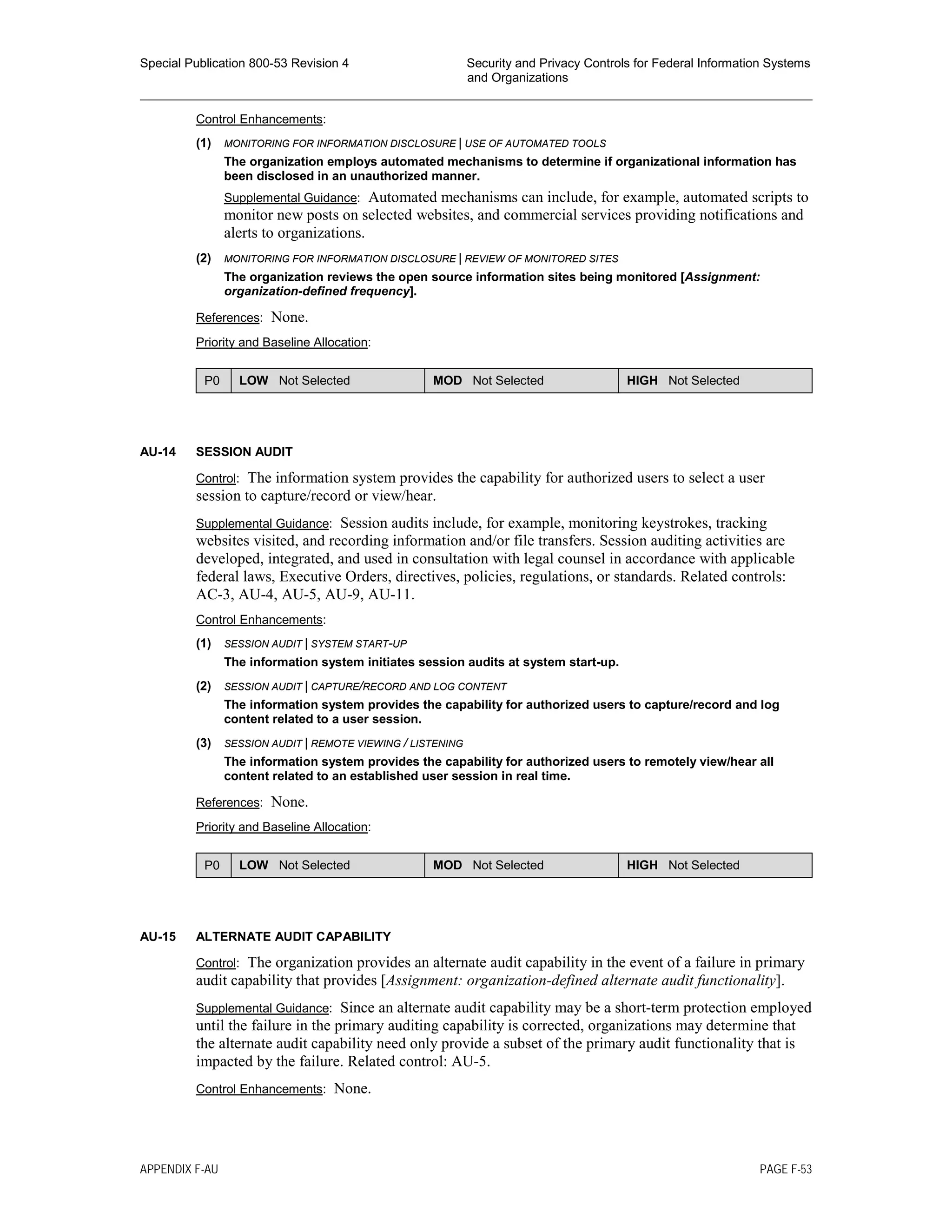 Special Publication 800-53 Revision 4 Security and Privacy Controls for Federal Information Systems
and Organizations
________________________________________________________________________________________________
Control Enhancements:
(1) MONITORING FOR INFORMATION DISCLOSURE | USE OF AUTOMATED TOOLS
The organization employs automated mechanisms to determine if organizational information has
been disclosed in an unauthorized manner.
Supplemental Guidance: Automated mechanisms can include, for example, automated scripts to
monitor new posts on selected websites, and commercial services providing notifications and
alerts to organizations.
(2) MONITORING FOR INFORMATION DISCLOSURE | REVIEW OF MONITORED SITES
The organization reviews the open source information sites being monitored [Assignment:
organization-defined frequency].
References: None.
Priority and Baseline Allocation:
P0 LOW Not Selected MOD Not Selected HIGH Not Selected
AU-14 SESSION AUDIT
Control: The information system provides the capability for authorized users to select a user
session to capture/record or view/hear.
Supplemental Guidance: Session audits include, for example, monitoring keystrokes, tracking
websites visited, and recording information and/or file transfers. Session auditing activities are
developed, integrated, and used in consultation with legal counsel in accordance with applicable
federal laws, Executive Orders, directives, policies, regulations, or standards. Related controls:
AC-3, AU-4, AU-5, AU-9, AU-11.
Control Enhancements:
(1) SESSION AUDIT | SYSTEM START-UP
The information system initiates session audits at system start-up.
(2) SESSION AUDIT | CAPTURE/RECORD AND LOG CONTENT
The information system provides the capability for authorized users to capture/record and log
content related to a user session.
(3) SESSION AUDIT | REMOTE VIEWING / LISTENING
The information system provides the capability for authorized users to remotely view/hear all
content related to an established user session in real time.
References: None.
Priority and Baseline Allocation:
P0 LOW Not Selected MOD Not Selected HIGH Not Selected
AU-15 ALTERNATE AUDIT CAPABILITY
Control: The organization provides an alternate audit capability in the event of a failure in primary
audit capability that provides [Assignment: organization-defined alternate audit functionality].
Supplemental Guidance: Since an alternate audit capability may be a short-term protection employed
until the failure in the primary auditing capability is corrected, organizations may determine that
the alternate audit capability need only provide a subset of the primary audit functionality that is
impacted by the failure. Related control: AU-5.
Control Enhancements: None.
APPENDIX F-AU PAGE F-53
 