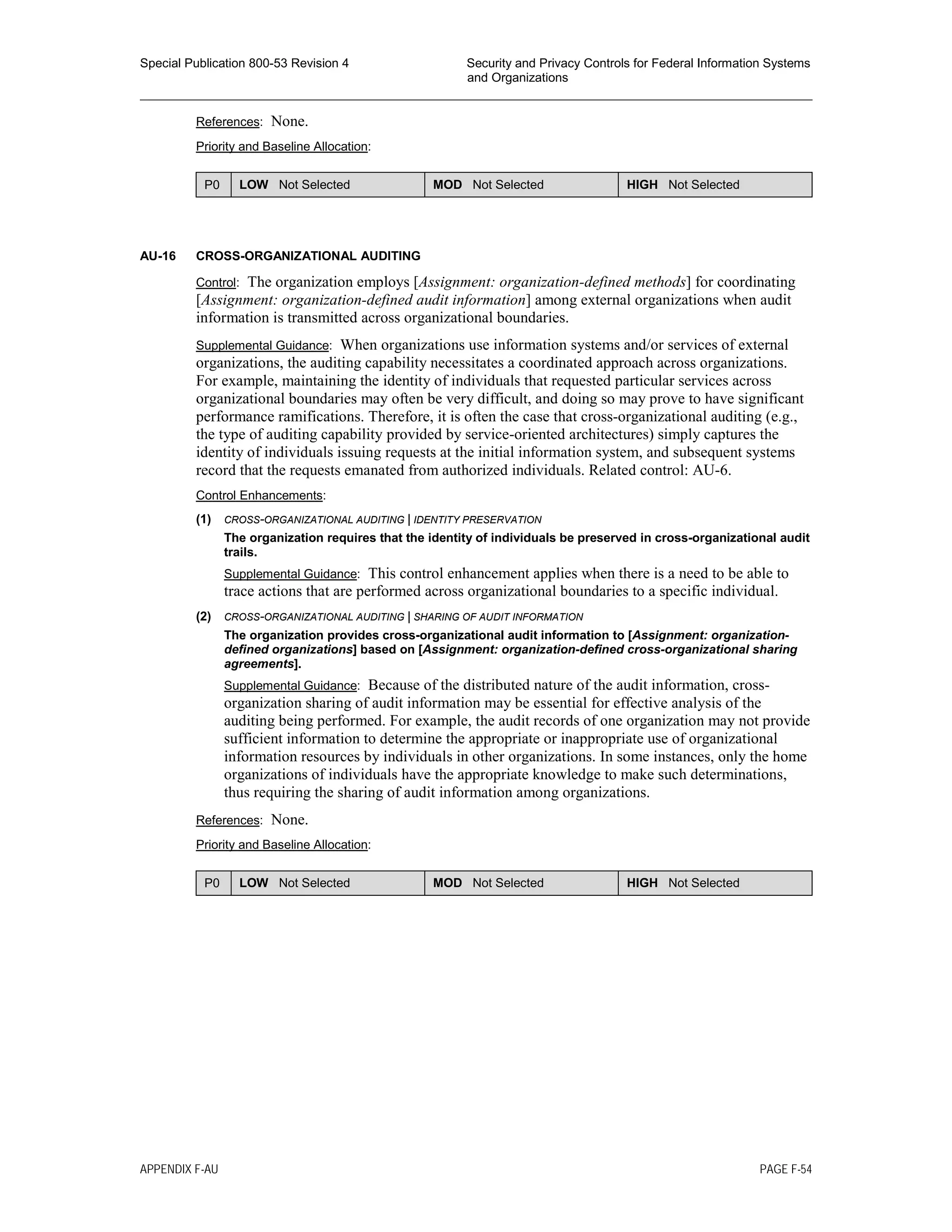 Special Publication 800-53 Revision 4 Security and Privacy Controls for Federal Information Systems
and Organizations
________________________________________________________________________________________________
References: None.
Priority and Baseline Allocation:
P0 LOW Not Selected MOD Not Selected HIGH Not Selected
AU-16 CROSS-ORGANIZATIONAL AUDITING
Control: The organization employs [Assignment: organization-defined methods] for coordinating
[Assignment: organization-defined audit information] among external organizations when audit
information is transmitted across organizational boundaries.
Supplemental Guidance: When organizations use information systems and/or services of external
organizations, the auditing capability necessitates a coordinated approach across organizations.
For example, maintaining the identity of individuals that requested particular services across
organizational boundaries may often be very difficult, and doing so may prove to have significant
performance ramifications. Therefore, it is often the case that cross-organizational auditing (e.g.,
the type of auditing capability provided by service-oriented architectures) simply captures the
identity of individuals issuing requests at the initial information system, and subsequent systems
record that the requests emanated from authorized individuals. Related control: AU-6.
Control Enhancements:
(1) CROSS-ORGANIZATIONAL AUDITING | IDENTITY PRESERVATION
The organization requires that the identity of individuals be preserved in cross-organizational audit
trails.
Supplemental Guidance: This control enhancement applies when there is a need to be able to
trace actions that are performed across organizational boundaries to a specific individual.
(2) CROSS-ORGANIZATIONAL AUDITING | SHARING OF AUDIT INFORMATION
The organization provides cross-organizational audit information to [Assignment: organization-
defined organizations] based on [Assignment: organization-defined cross-organizational sharing
agreements].
Supplemental Guidance: Because of the distributed nature of the audit information, cross-
organization sharing of audit information may be essential for effective analysis of the
auditing being performed. For example, the audit records of one organization may not provide
sufficient information to determine the appropriate or inappropriate use of organizational
information resources by individuals in other organizations. In some instances, only the home
organizations of individuals have the appropriate knowledge to make such determinations,
thus requiring the sharing of audit information among organizations.
References: None.
Priority and Baseline Allocation:
P0 LOW Not Selected MOD Not Selected HIGH Not Selected
APPENDIX F-AU PAGE F-54
 
