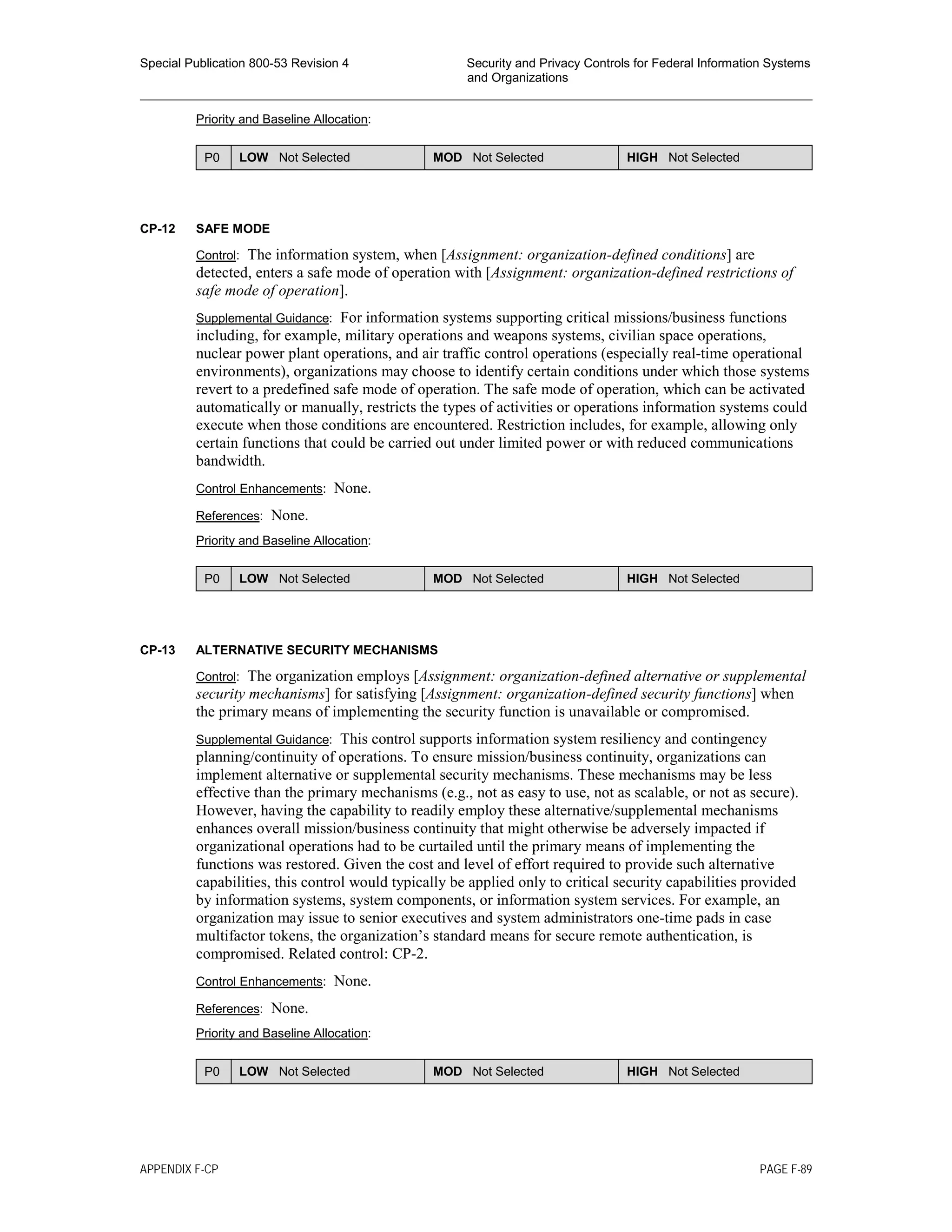 Special Publication 800-53 Revision 4 Security and Privacy Controls for Federal Information Systems
and Organizations
________________________________________________________________________________________________
Priority and Baseline Allocation:
P0 LOW Not Selected MOD Not Selected HIGH Not Selected
CP-12 SAFE MODE
Control: The information system, when [Assignment: organization-defined conditions] are
detected, enters a safe mode of operation with [Assignment: organization-defined restrictions of
safe mode of operation].
Supplemental Guidance: For information systems supporting critical missions/business functions
including, for example, military operations and weapons systems, civilian space operations,
nuclear power plant operations, and air traffic control operations (especially real-time operational
environments), organizations may choose to identify certain conditions under which those systems
revert to a predefined safe mode of operation. The safe mode of operation, which can be activated
automatically or manually, restricts the types of activities or operations information systems could
execute when those conditions are encountered. Restriction includes, for example, allowing only
certain functions that could be carried out under limited power or with reduced communications
bandwidth.
Control Enhancements: None.
References: None.
Priority and Baseline Allocation:
P0 LOW Not Selected MOD Not Selected HIGH Not Selected
CP-13 ALTERNATIVE SECURITY MECHANISMS
Control: The organization employs [Assignment: organization-defined alternative or supplemental
security mechanisms] for satisfying [Assignment: organization-defined security functions] when
the primary means of implementing the security function is unavailable or compromised.
Supplemental Guidance: This control supports information system resiliency and contingency
planning/continuity of operations. To ensure mission/business continuity, organizations can
implement alternative or supplemental security mechanisms. These mechanisms may be less
effective than the primary mechanisms (e.g., not as easy to use, not as scalable, or not as secure).
However, having the capability to readily employ these alternative/supplemental mechanisms
enhances overall mission/business continuity that might otherwise be adversely impacted if
organizational operations had to be curtailed until the primary means of implementing the
functions was restored. Given the cost and level of effort required to provide such alternative
capabilities, this control would typically be applied only to critical security capabilities provided
by information systems, system components, or information system services. For example, an
organization may issue to senior executives and system administrators one-time pads in case
multifactor tokens, the organization’s standard means for secure remote authentication, is
compromised. Related control: CP-2.
Control Enhancements: None.
References: None.
Priority and Baseline Allocation:
P0 LOW Not Selected MOD Not Selected HIGH Not Selected
APPENDIX F-CP PAGE F-89
 