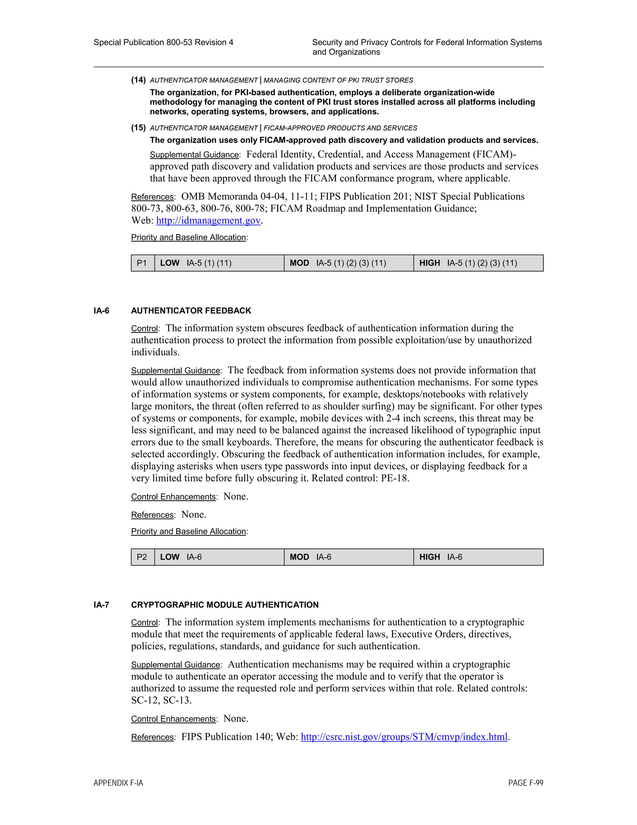 Special Publication 800-53 Revision 4 Security and Privacy Controls for Federal Information Systems
and Organizations
________________________________________________________________________________________________
(14) AUTHENTICATOR MANAGEMENT | MANAGING CONTENT OF PKI TRUST STORES
The organization, for PKI-based authentication, employs a deliberate organization-wide
methodology for managing the content of PKI trust stores installed across all platforms including
networks, operating systems, browsers, and applications.
(15) AUTHENTICATOR MANAGEMENT | FICAM-APPROVED PRODUCTS AND SERVICES
The organization uses only FICAM-approved path discovery and validation products and services.
Supplemental Guidance: Federal Identity, Credential, and Access Management (FICAM)-
approved path discovery and validation products and services are those products and services
that have been approved through the FICAM conformance program, where applicable.
References: OMB Memoranda 04-04, 11-11; FIPS Publication 201; NIST Special Publications
800-73, 800-63, 800-76, 800-78; FICAM Roadmap and Implementation Guidance;
Web: http://idmanagement.gov.
Priority and Baseline Allocation:
P1 LOW IA-5 (1) (11) MOD IA-5 (1) (2) (3) (11) HIGH IA-5 (1) (2) (3) (11)
IA-6 AUTHENTICATOR FEEDBACK
Control: The information system obscures feedback of authentication information during the
authentication process to protect the information from possible exploitation/use by unauthorized
individuals.
Supplemental Guidance: The feedback from information systems does not provide information that
would allow unauthorized individuals to compromise authentication mechanisms. For some types
of information systems or system components, for example, desktops/notebooks with relatively
large monitors, the threat (often referred to as shoulder surfing) may be significant. For other types
of systems or components, for example, mobile devices with 2-4 inch screens, this threat may be
less significant, and may need to be balanced against the increased likelihood of typographic input
errors due to the small keyboards. Therefore, the means for obscuring the authenticator feedback is
selected accordingly. Obscuring the feedback of authentication information includes, for example,
displaying asterisks when users type passwords into input devices, or displaying feedback for a
very limited time before fully obscuring it. Related control: PE-18.
Control Enhancements: None.
References: None.
Priority and Baseline Allocation:
P2 LOW IA-6 MOD IA-6 HIGH IA-6
IA-7 CRYPTOGRAPHIC MODULE AUTHENTICATION
Control: The information system implements mechanisms for authentication to a cryptographic
module that meet the requirements of applicable federal laws, Executive Orders, directives,
policies, regulations, standards, and guidance for such authentication.
Supplemental Guidance: Authentication mechanisms may be required within a cryptographic
module to authenticate an operator accessing the module and to verify that the operator is
authorized to assume the requested role and perform services within that role. Related controls:
SC-12, SC-13.
Control Enhancements: None.
References: FIPS Publication 140; Web: http://csrc.nist.gov/groups/STM/cmvp/index.html.
APPENDIX F-IA PAGE F-99
 