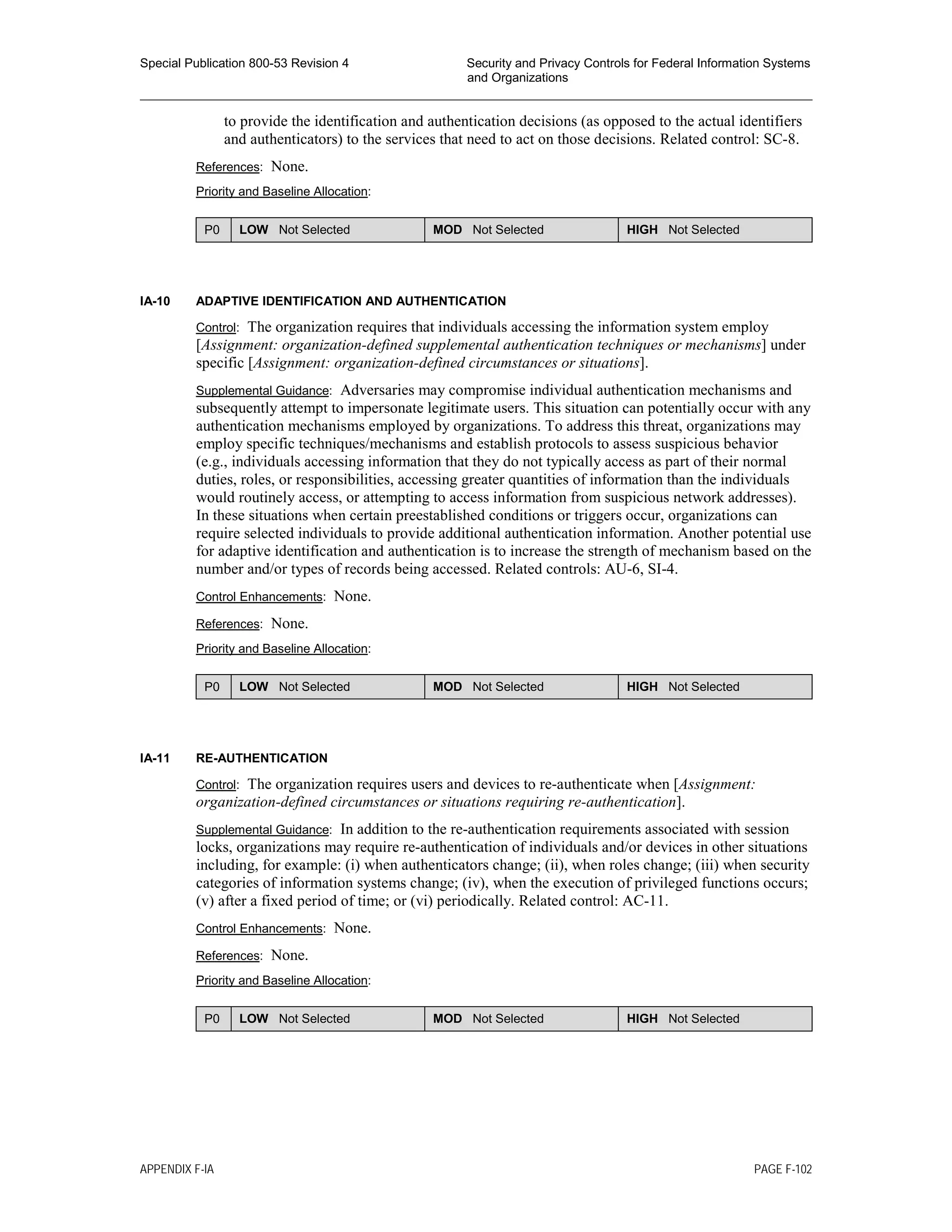 Special Publication 800-53 Revision 4 Security and Privacy Controls for Federal Information Systems
and Organizations
________________________________________________________________________________________________
to provide the identification and authentication decisions (as opposed to the actual identifiers
and authenticators) to the services that need to act on those decisions. Related control: SC-8.
References: None.
Priority and Baseline Allocation:
P0 LOW Not Selected MOD Not Selected HIGH Not Selected
IA-10 ADAPTIVE IDENTIFICATION AND AUTHENTICATION
Control: The organization requires that individuals accessing the information system employ
[Assignment: organization-defined supplemental authentication techniques or mechanisms] under
specific [Assignment: organization-defined circumstances or situations].
Supplemental Guidance: Adversaries may compromise individual authentication mechanisms and
subsequently attempt to impersonate legitimate users. This situation can potentially occur with any
authentication mechanisms employed by organizations. To address this threat, organizations may
employ specific techniques/mechanisms and establish protocols to assess suspicious behavior
(e.g., individuals accessing information that they do not typically access as part of their normal
duties, roles, or responsibilities, accessing greater quantities of information than the individuals
would routinely access, or attempting to access information from suspicious network addresses).
In these situations when certain preestablished conditions or triggers occur, organizations can
require selected individuals to provide additional authentication information. Another potential use
for adaptive identification and authentication is to increase the strength of mechanism based on the
number and/or types of records being accessed. Related controls: AU-6, SI-4.
Control Enhancements: None.
References: None.
Priority and Baseline Allocation:
P0 LOW Not Selected MOD Not Selected HIGH Not Selected
IA-11 RE-AUTHENTICATION
Control: The organization requires users and devices to re-authenticate when [Assignment:
organization-defined circumstances or situations requiring re-authentication].
Supplemental Guidance: In addition to the re-authentication requirements associated with session
locks, organizations may require re-authentication of individuals and/or devices in other situations
including, for example: (i) when authenticators change; (ii), when roles change; (iii) when security
categories of information systems change; (iv), when the execution of privileged functions occurs;
(v) after a fixed period of time; or (vi) periodically. Related control: AC-11.
Control Enhancements: None.
References: None.
Priority and Baseline Allocation:
P0 LOW Not Selected MOD Not Selected HIGH Not Selected
APPENDIX F-IA PAGE F-102
 