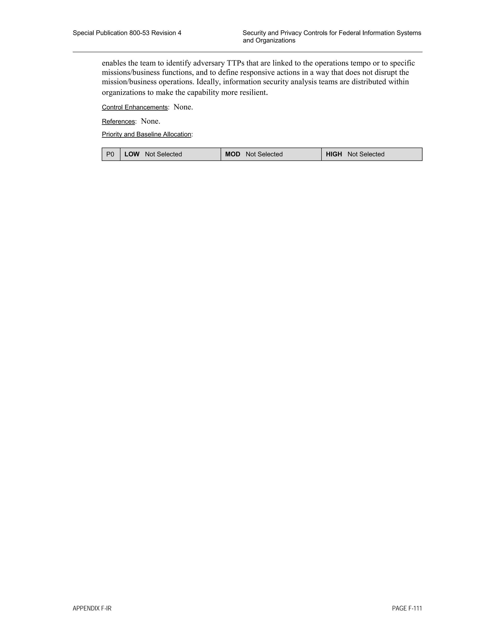 Special Publication 800-53 Revision 4 Security and Privacy Controls for Federal Information Systems
and Organizations
________________________________________________________________________________________________
enables the team to identify adversary TTPs that are linked to the operations tempo or to specific
missions/business functions, and to define responsive actions in a way that does not disrupt the
mission/business operations. Ideally, information security analysis teams are distributed within
organizations to make the capability more resilient.
Control Enhancements: None.
References: None.
Priority and Baseline Allocation:
P0 LOW Not Selected MOD Not Selected HIGH Not Selected
APPENDIX F-IR PAGE F-111
 