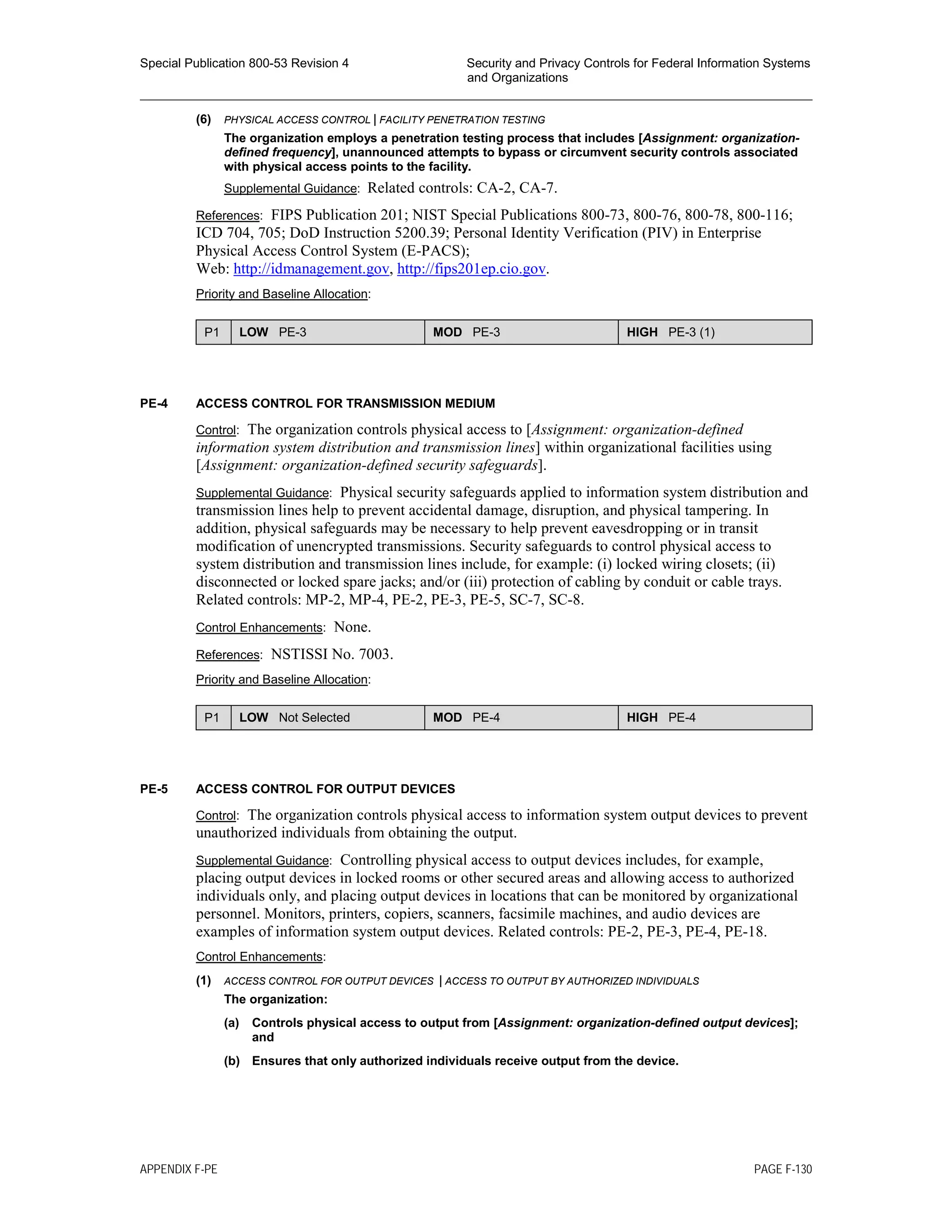 Special Publication 800-53 Revision 4 Security and Privacy Controls for Federal Information Systems
and Organizations
________________________________________________________________________________________________
(6) PHYSICAL ACCESS CONTROL | FACILITY PENETRATION TESTING
The organization employs a penetration testing process that includes [Assignment: organization-
defined frequency], unannounced attempts to bypass or circumvent security controls associated
with physical access points to the facility.
Supplemental Guidance: Related controls: CA-2, CA-7.
References: FIPS Publication 201; NIST Special Publications 800-73, 800-76, 800-78, 800-116;
ICD 704, 705; DoD Instruction 5200.39; Personal Identity Verification (PIV) in Enterprise
Physical Access Control System (E-PACS);
Web: http://idmanagement.gov, http://fips201ep.cio.gov.
Priority and Baseline Allocation:
P1 LOW PE-3 MOD PE-3 HIGH PE-3 (1)
PE-4 ACCESS CONTROL FOR TRANSMISSION MEDIUM
Control: The organization controls physical access to [Assignment: organization-defined
information system distribution and transmission lines] within organizational facilities using
[Assignment: organization-defined security safeguards].
Supplemental Guidance: Physical security safeguards applied to information system distribution and
transmission lines help to prevent accidental damage, disruption, and physical tampering. In
addition, physical safeguards may be necessary to help prevent eavesdropping or in transit
modification of unencrypted transmissions. Security safeguards to control physical access to
system distribution and transmission lines include, for example: (i) locked wiring closets; (ii)
disconnected or locked spare jacks; and/or (iii) protection of cabling by conduit or cable trays.
Related controls: MP-2, MP-4, PE-2, PE-3, PE-5, SC-7, SC-8.
Control Enhancements: None.
References: NSTISSI No. 7003.
Priority and Baseline Allocation:
P1 LOW Not Selected MOD PE-4 HIGH PE-4
PE-5 ACCESS CONTROL FOR OUTPUT DEVICES
Control: The organization controls physical access to information system output devices to prevent
unauthorized individuals from obtaining the output.
Supplemental Guidance: Controlling physical access to output devices includes, for example,
placing output devices in locked rooms or other secured areas and allowing access to authorized
individuals only, and placing output devices in locations that can be monitored by organizational
personnel. Monitors, printers, copiers, scanners, facsimile machines, and audio devices are
examples of information system output devices. Related controls: PE-2, PE-3, PE-4, PE-18.
Control Enhancements:
(1) ACCESS CONTROL FOR OUTPUT DEVICES | ACCESS TO OUTPUT BY AUTHORIZED INDIVIDUALS
The organization:
(a) Controls physical access to output from [Assignment: organization-defined output devices];
and
(b) Ensures that only authorized individuals receive output from the device.
APPENDIX F-PE PAGE F-130
 
