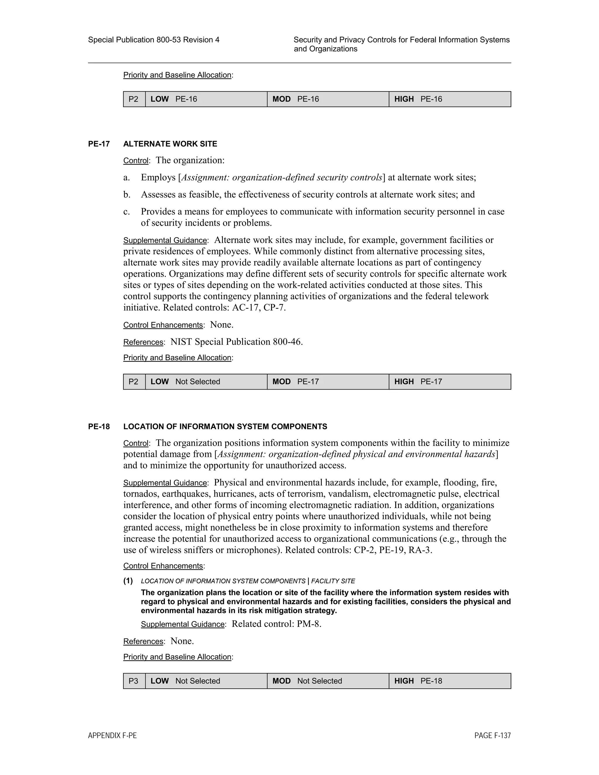 Special Publication 800-53 Revision 4 Security and Privacy Controls for Federal Information Systems
and Organizations
________________________________________________________________________________________________
Priority and Baseline Allocation:
P2 LOW PE-16 MOD PE-16 HIGH PE-16
PE-17 ALTERNATE WORK SITE
Control: The organization:
a. Employs [Assignment: organization-defined security controls] at alternate work sites;
b. Assesses as feasible, the effectiveness of security controls at alternate work sites; and
c. Provides a means for employees to communicate with information security personnel in case
of security incidents or problems.
Supplemental Guidance: Alternate work sites may include, for example, government facilities or
private residences of employees. While commonly distinct from alternative processing sites,
alternate work sites may provide readily available alternate locations as part of contingency
operations. Organizations may define different sets of security controls for specific alternate work
sites or types of sites depending on the work-related activities conducted at those sites. This
control supports the contingency planning activities of organizations and the federal telework
initiative. Related controls: AC-17, CP-7.
Control Enhancements: None.
References: NIST Special Publication 800-46.
Priority and Baseline Allocation:
P2 LOW Not Selected MOD PE-17 HIGH PE-17
PE-18 LOCATION OF INFORMATION SYSTEM COMPONENTS
Control: The organization positions information system components within the facility to minimize
potential damage from [Assignment: organization-defined physical and environmental hazards]
and to minimize the opportunity for unauthorized access.
Supplemental Guidance: Physical and environmental hazards include, for example, flooding, fire,
tornados, earthquakes, hurricanes, acts of terrorism, vandalism, electromagnetic pulse, electrical
interference, and other forms of incoming electromagnetic radiation. In addition, organizations
consider the location of physical entry points where unauthorized individuals, while not being
granted access, might nonetheless be in close proximity to information systems and therefore
increase the potential for unauthorized access to organizational communications (e.g., through the
use of wireless sniffers or microphones). Related controls: CP-2, PE-19, RA-3.
Control Enhancements:
(1) LOCATION OF INFORMATION SYSTEM COMPONENTS | FACILITY SITE
The organization plans the location or site of the facility where the information system resides with
regard to physical and environmental hazards and for existing facilities, considers the physical and
environmental hazards in its risk mitigation strategy.
Supplemental Guidance: Related control: PM-8.
References: None.
Priority and Baseline Allocation:
P3 LOW Not Selected MOD Not Selected HIGH PE-18
APPENDIX F-PE PAGE F-137
 